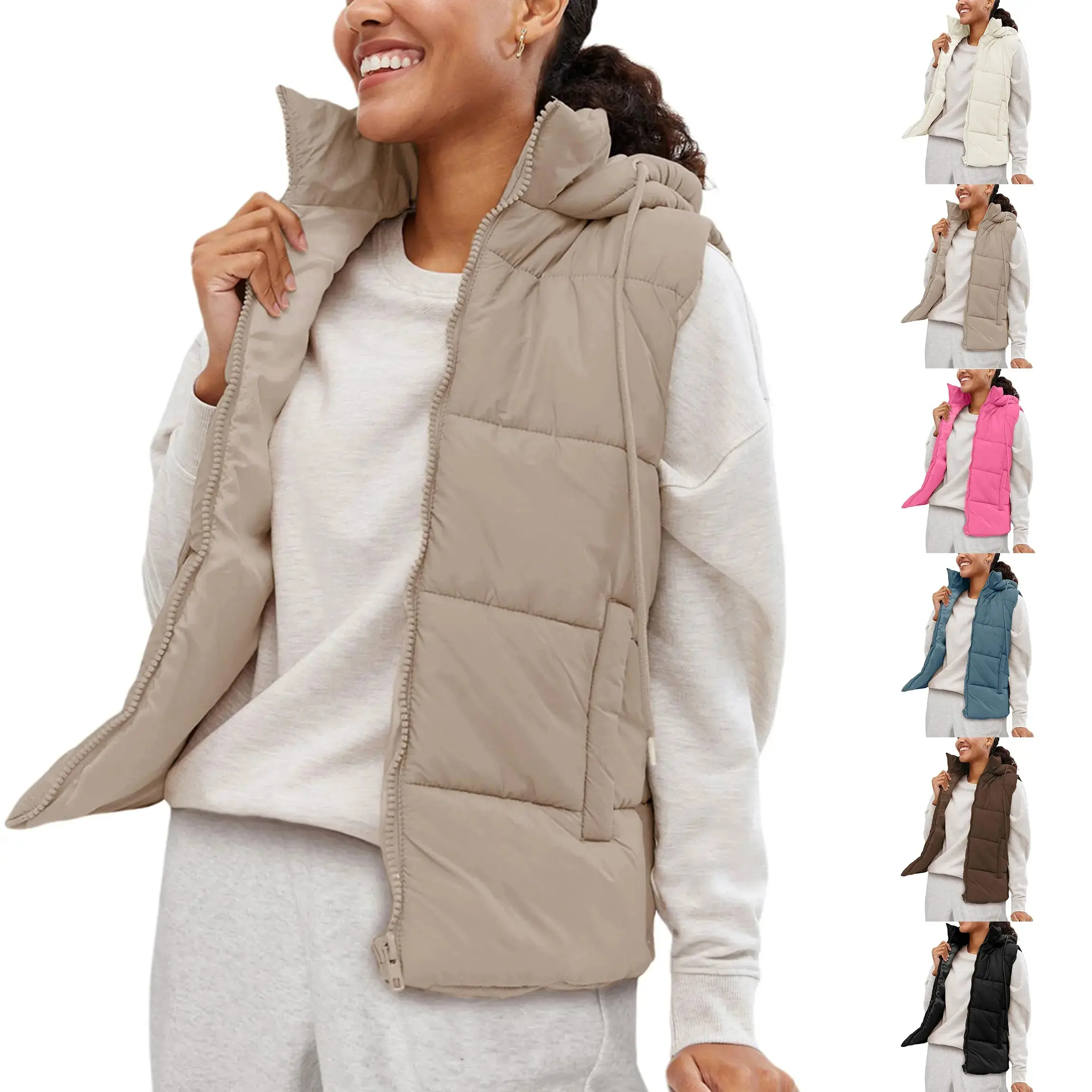 Women's Puffer Vest with Removable Hood Zip Up Lightweight Sleeveless Quilted Down Jacket for Winter