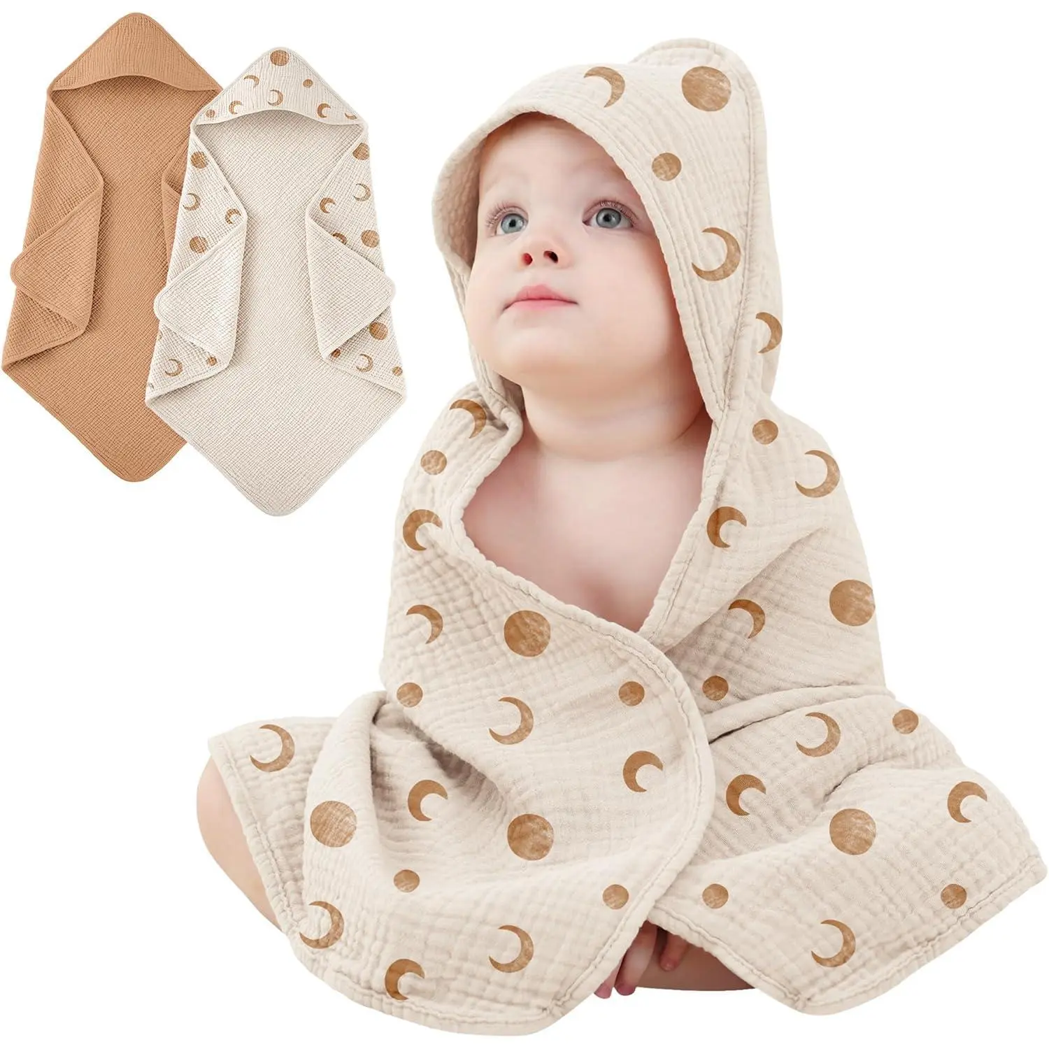 2 Pack Thick Muslin Baby Towels, 100% Cotton Soft and Absorbent Baby Bath Hooded Towel for Newborn, Infant, Girls, Boys, Baby Essentials