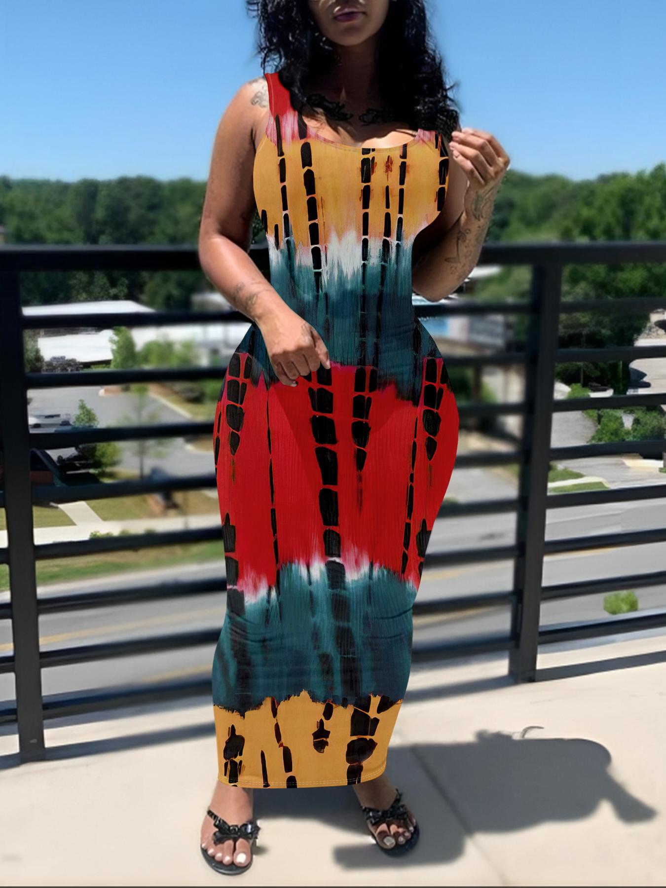 Women's All Over Print U Neck Bodycon Dress, Casual Sleeveless Long Dress for Summer, Ladies Clothes for Daily Wear