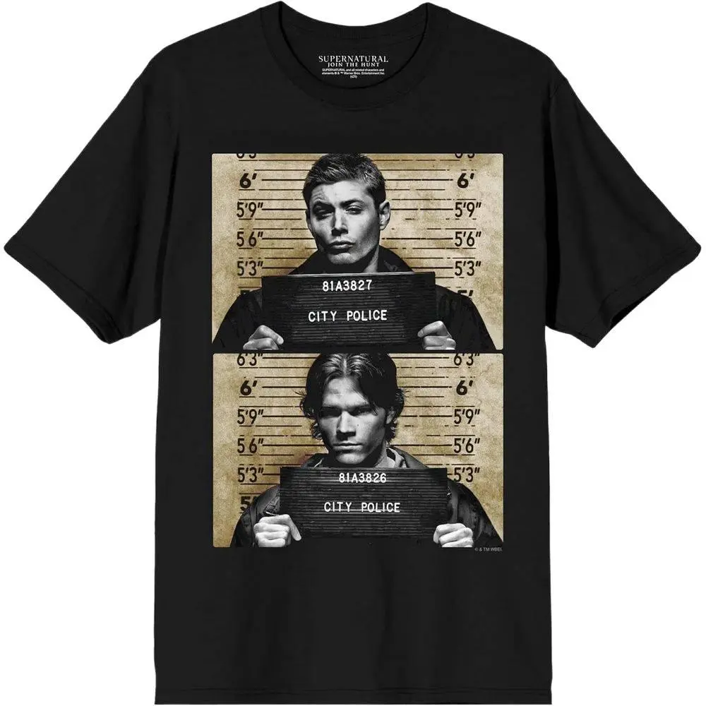 Men's Thick Spandex Garment, Supernatural Sam & Dean Mugshots Print, Black Short-Sleeve Crew Neck Streetwear T-Shirt for Office Wear, Tops