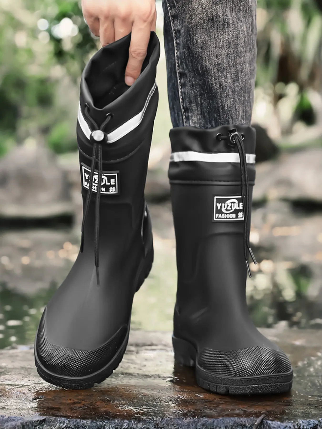 1 Pair Unisex Mid-calf Outdoor Rain Boots Walking Shoes Adjustable Cuff Splash Proof Thick Anti-slip Work Sole Versatile Waterproof Shoes For Cycling Hiking Rainy Commute