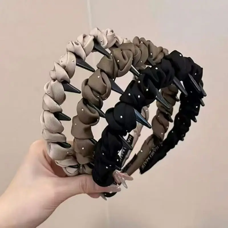 3PC Satin Ruched Rhinestone Studded Headband Anti Slip Teeth Hair Hoop Soft Silk Hair Band Women Elegant Daily Party Accessory, All Seasons, Elastic Fashion Headbands, Fashion Headbands