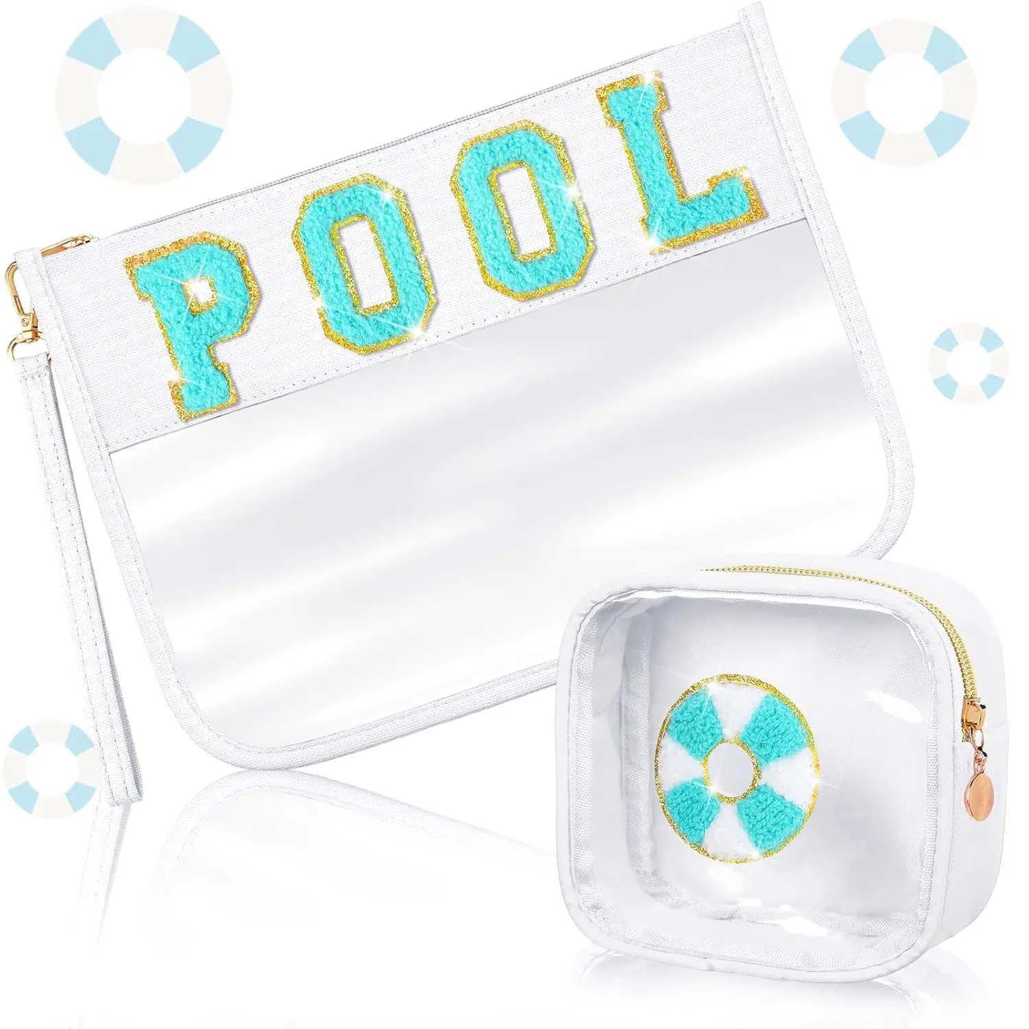 2 Pcs Clear PVC Pool Bag Set - Makeup Cosmetic Toiletry Pouch, Waterproof Beach Travel Organizer, Preppy Chenille Letter Patch Mini Purse for Women, Sunscreen Storage Zipper Pouch