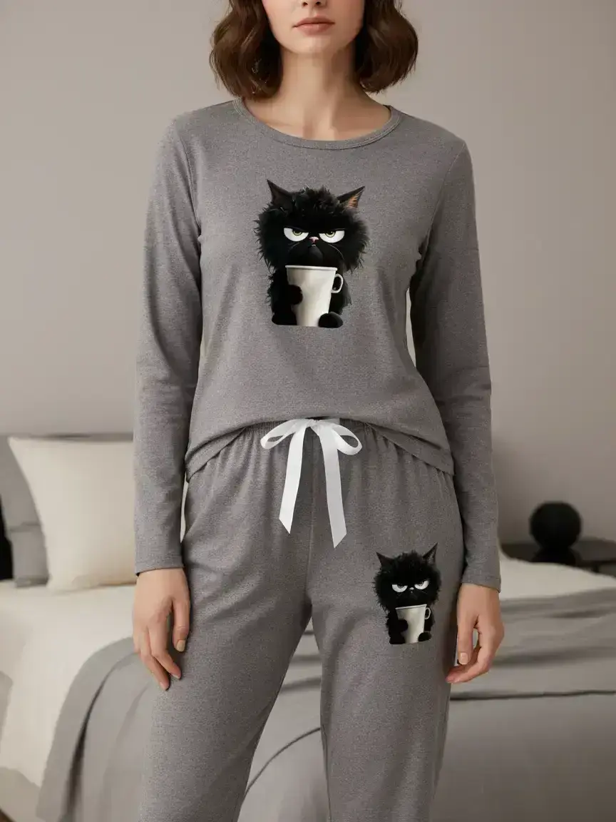 Women's Long Sleeve Pajama Set, Cartoon Cat Print, Casual Fitted Sleepwear, Spring & Fall Nightgown, Animal Pattern, Glam Lounge Wear