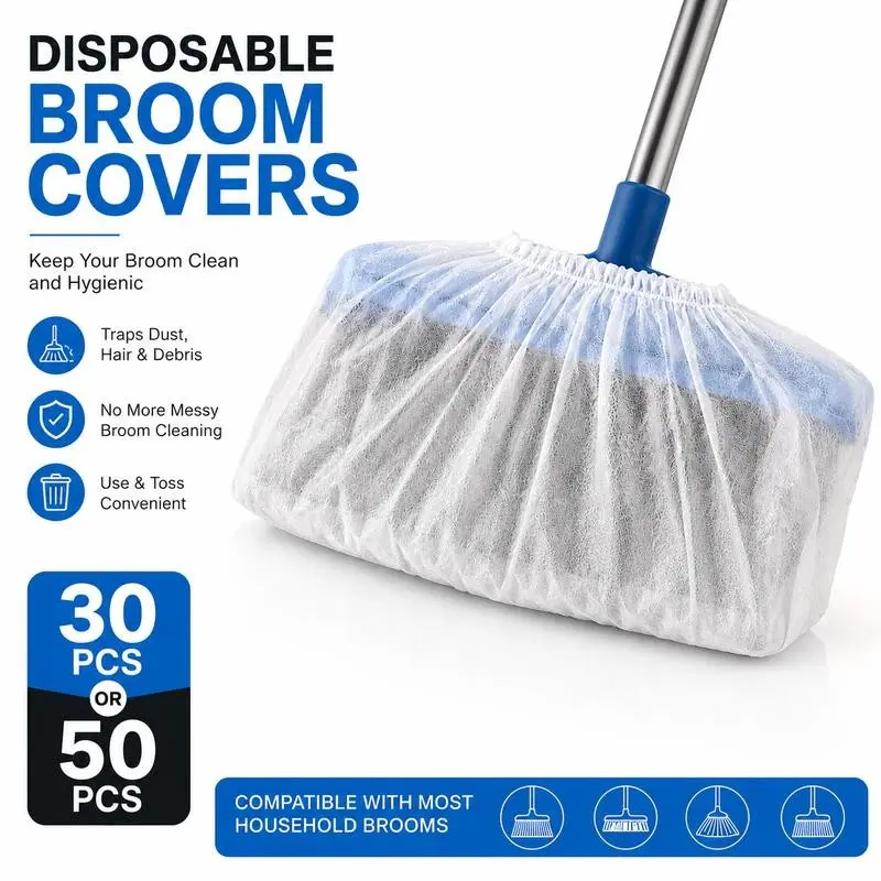 Disposable Broom Dust Cover (30/50 Pack), Non-Woven Fabric, Fits Most Standard Household Brooms, Traps and Captures Dust, Hair, Debris, Effective, Hygienic, Easy to Use, Convenient