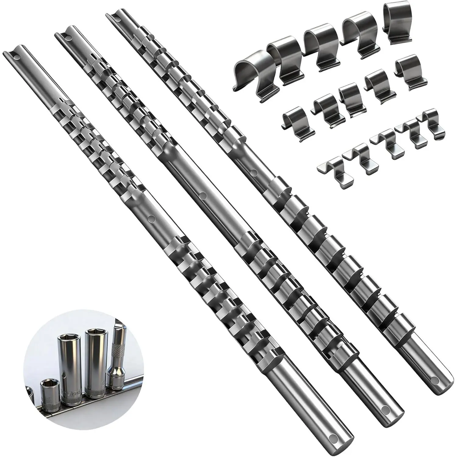 Socket Organizer Set,  3- Metal Socket Holders/Socket Sliding Rail, 1/4-Inch, 3/8-Inch, 1/2-Inch