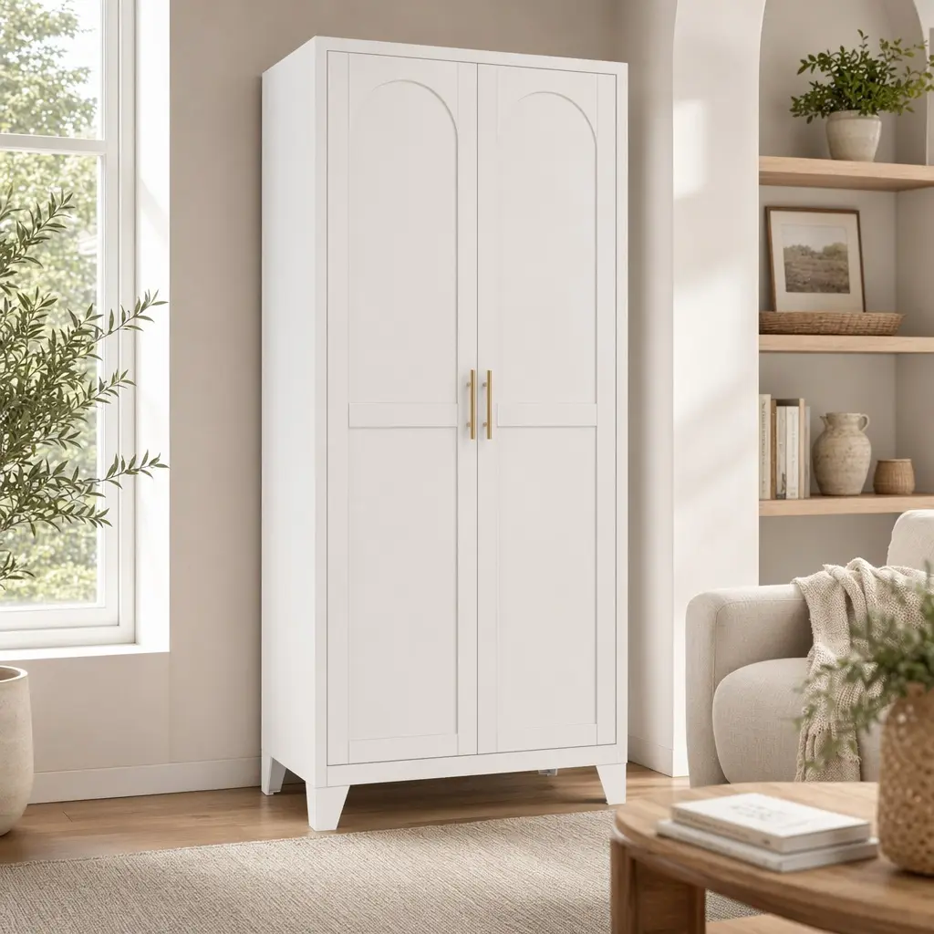 71-in Arch All Steel Sideboard Storage Cabinet with 2 Shapely Doors and Adjustable Shelves, White Indoor Furniture for Kitchen, Bedroom, Living Room
