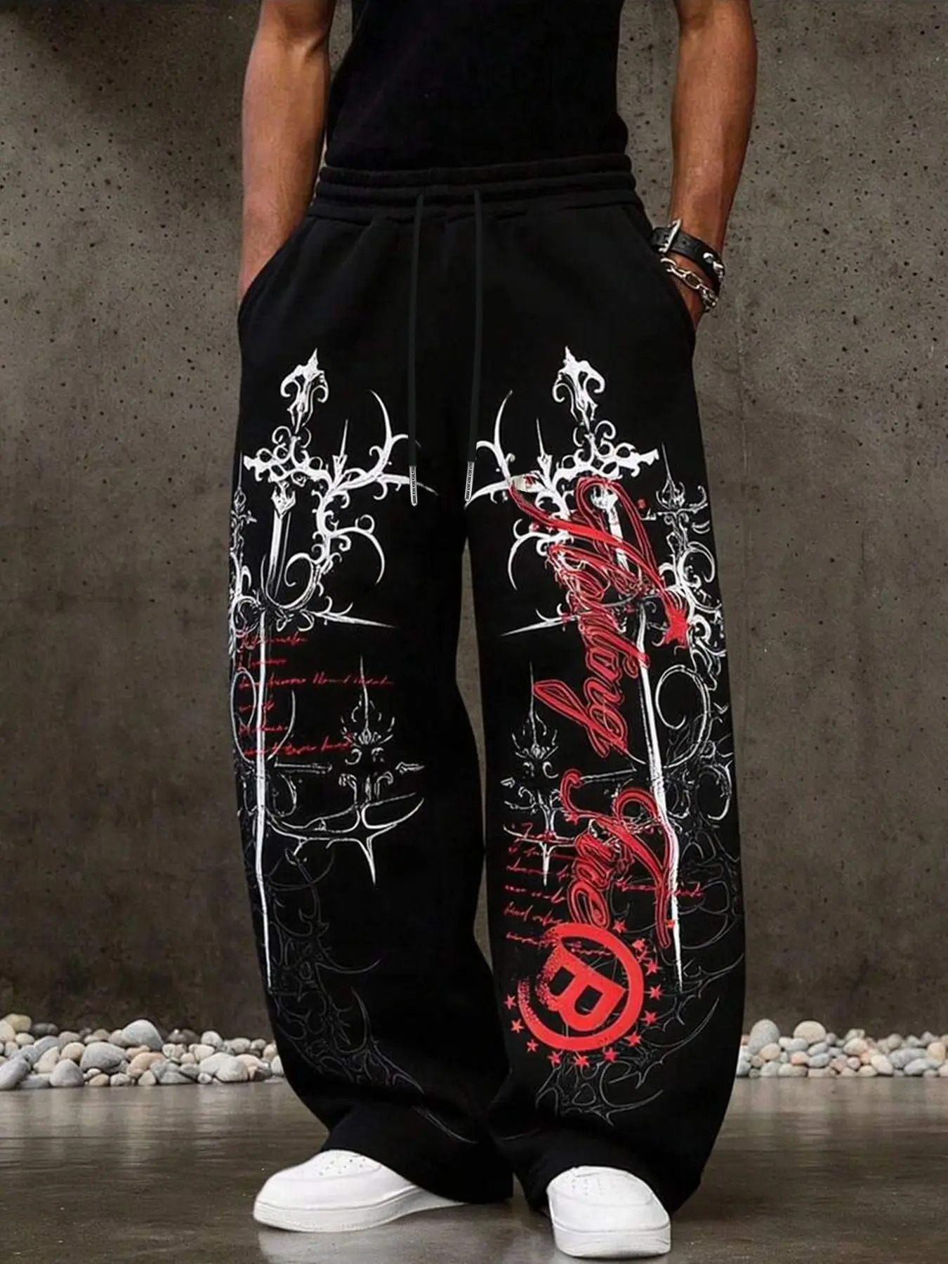 Men's Sweatpants, Dark Cross Thorns English Print Street Style, Daily Wear, All Seasons, Loose Fit, Sporty Straight Leg Pants, Graphic Track Pants