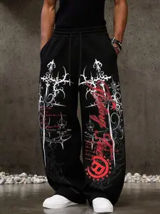 Men's Sweatpants, Dark Cross Thorns English Print Street Style, Daily Wear, All Seasons, Loose Fit, Sporty Straight Leg Pants