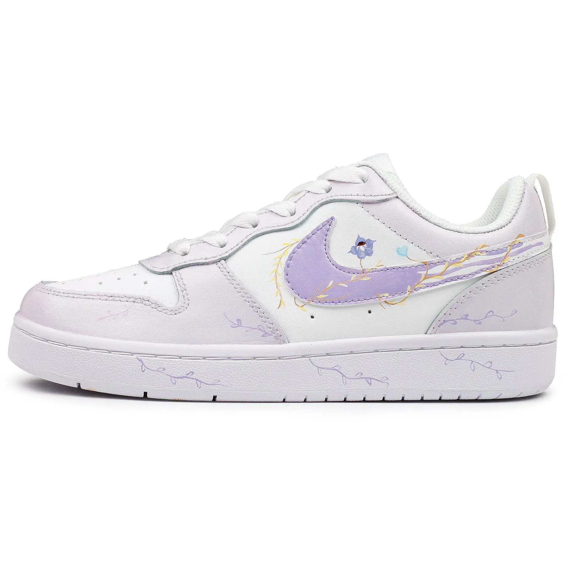 Nike Court Borough Low-Top Sneakers for Women: Lotus and Sunflower Design, Fresh, Retro, Minimalist, White and Purple Verifiable, with credentials and supporting global authentication