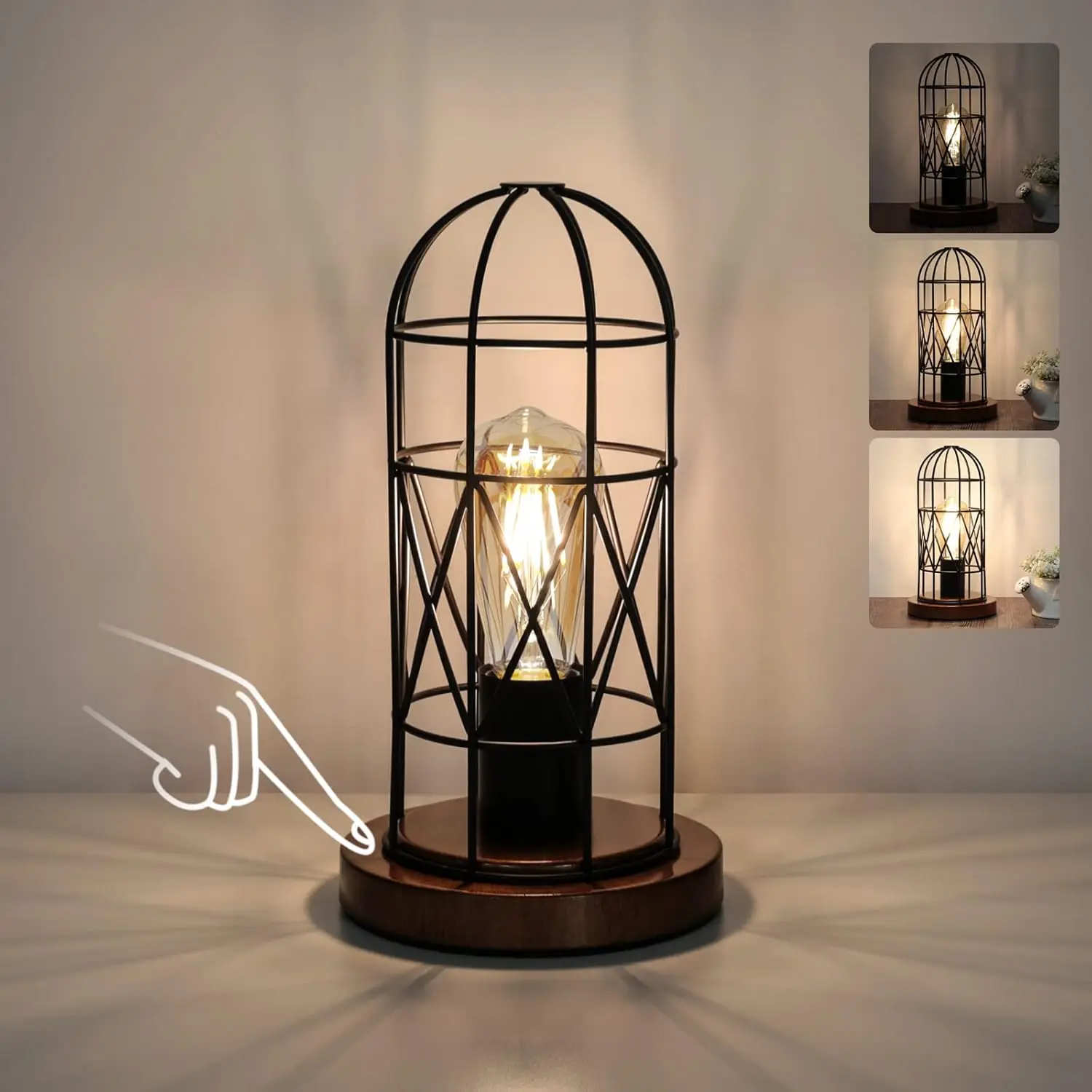 Touch Control Table Lamp, Industrial Bedside Lamp with 3 Way Dimmable, Small Nightstand Vintage Metal Cage Desk Lamp, Steampunk Table Lamp for Bedroom, Living Room, Kitchen (Bulb Included)