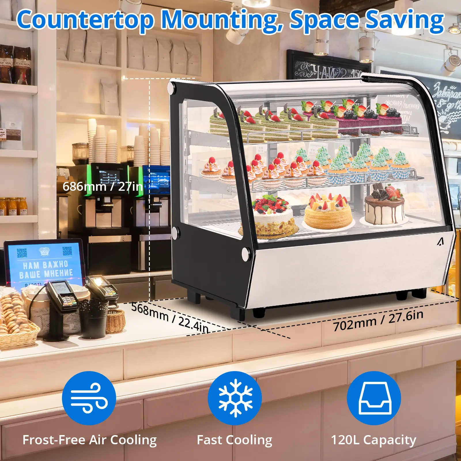 Commercial Countertop Display Refrigerator, 4.2 Cu.Ft Glass Door Pastry Fridge with Air-Cooling System, Ideal for Cafes & Restaurants.