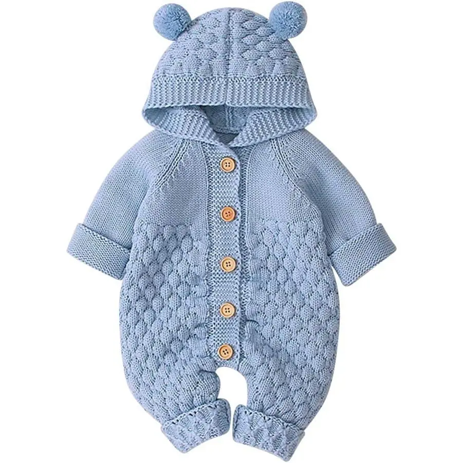 Unisex 0-6 Months Baby Knitted Hooded Sweater Romper, Solid Warm Cute Bodysuit Overall 1-Piece