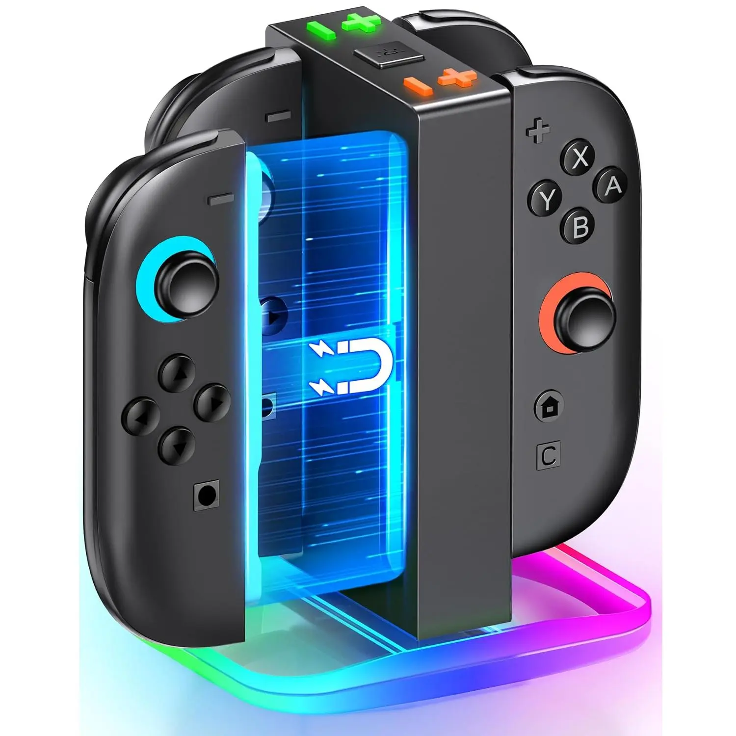 4-in-1 Joy-Con Controller Charger Station for Nintendo Switch - USB-C Port, 2-Hour Fast Charging, Synthetic Build, Customizable Dynamic Lighting (8 Modes), Protection Function, Accessory Holder, Efficient for 2 Joycon Controllers, Gamer Gift Ideas