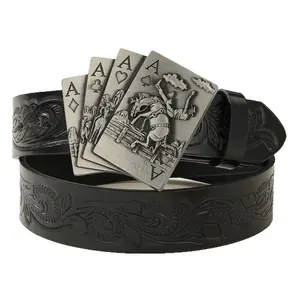 Western Belt For Men Women Four Aces Buckle Cowboy Riding Scene