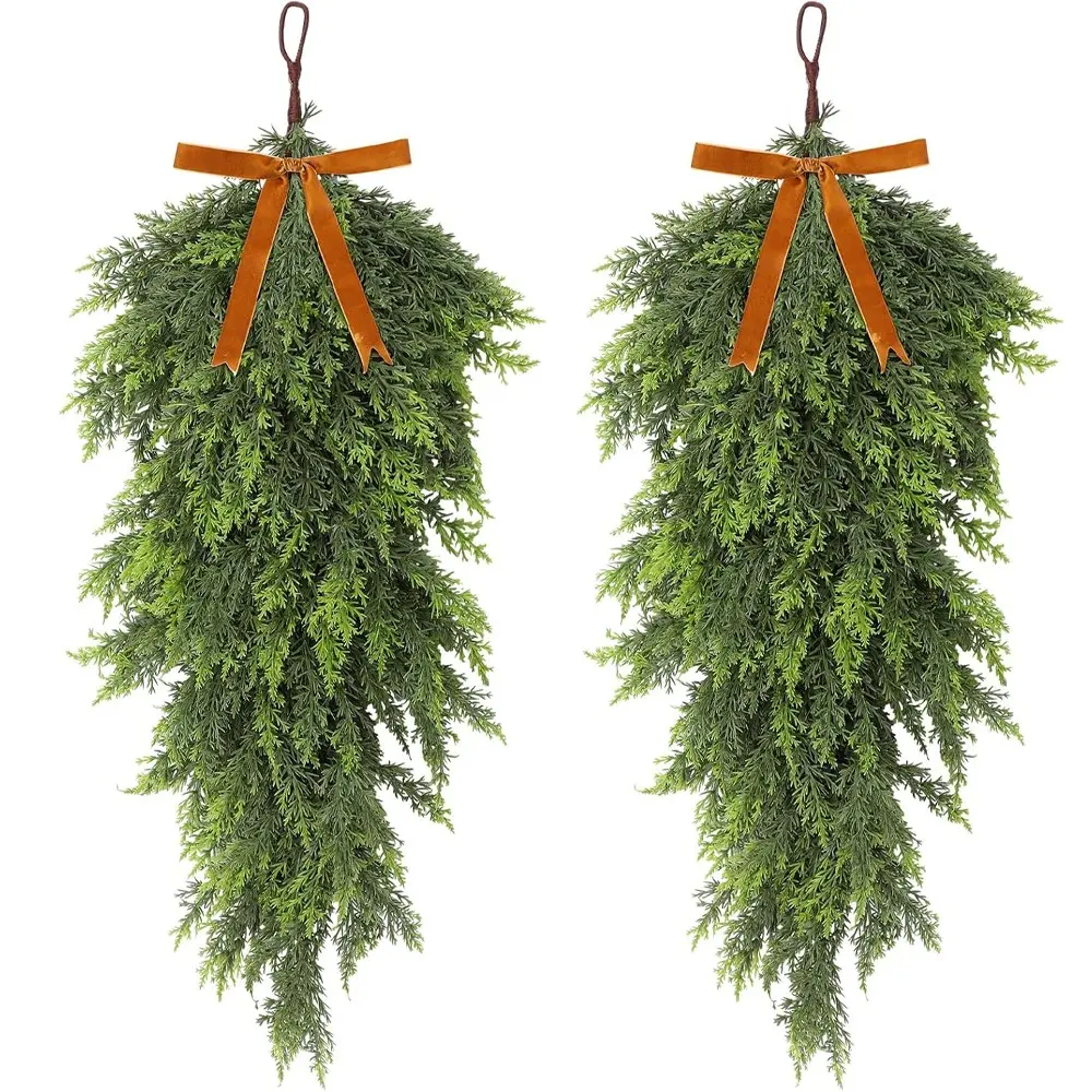 Christmas Teardrop Ornament 27 Inch Artificial Cedar Door Wreath, Pine Needle Fake Tear Drop Garland for Fireplace, Staircase, Front Door Decor
