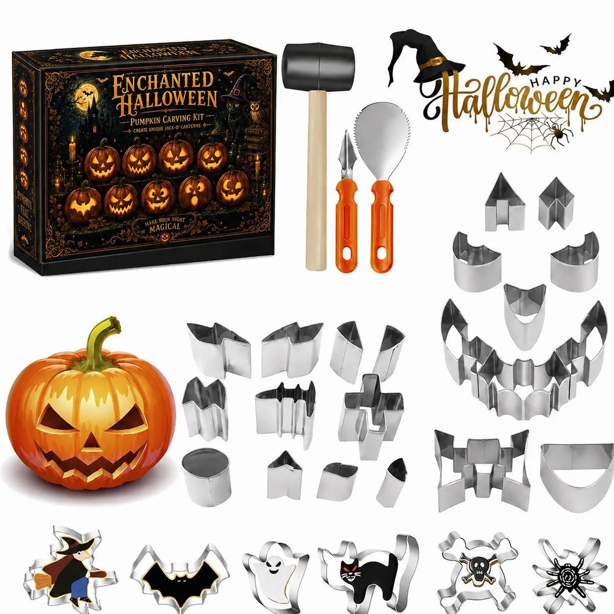 Halloween Pumpkin Carving Tool Set, Stainless Steel Pumpkin Lantern Mold, Includes Carving Knife, Scraper Spoon, Rubber Hammer