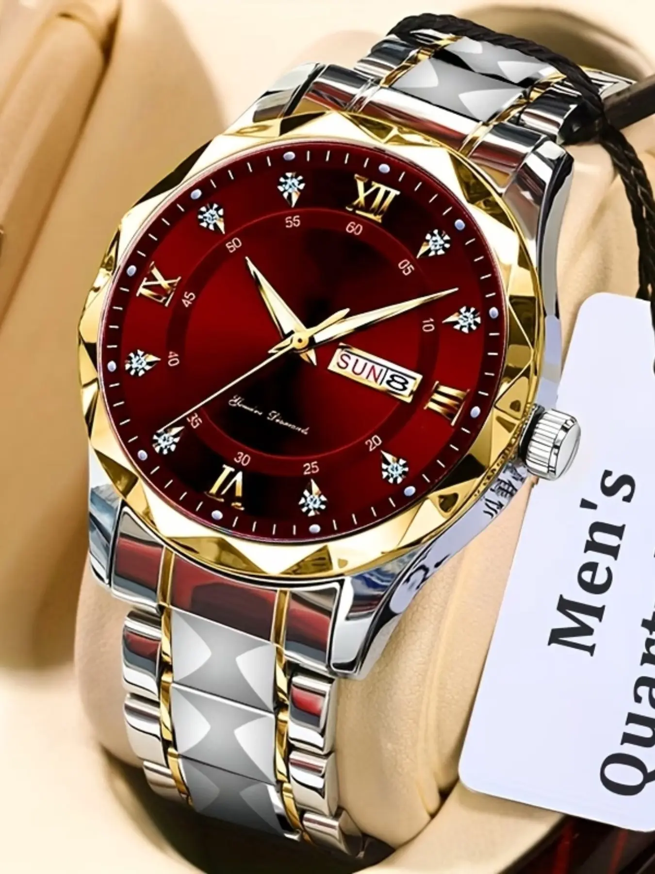 High-Quality Quartz Watch, Fashion Wristwatch, Fashionable Watches, Dial Dual Calendar Function, Rhinestone Hour Markers, Round Face, Hardlex Glass, Alloy Case, All Seasons