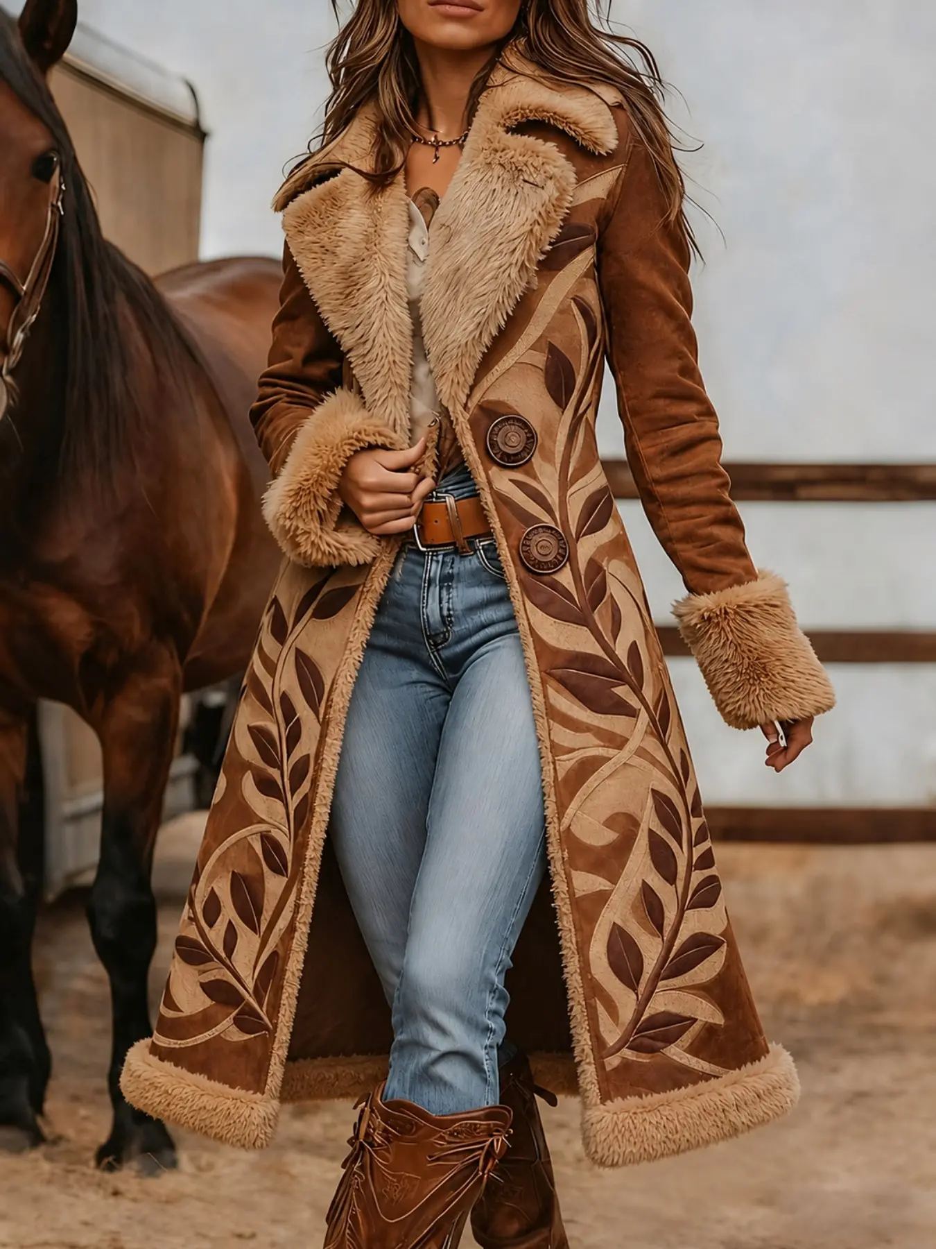 Women's Western Long Coat, Long Sleeve Faux Shearling Fur Collar Sherpa Lined Cowgirl Jacket, Warm Vintage Ranch Style Winter Outerwear for Women