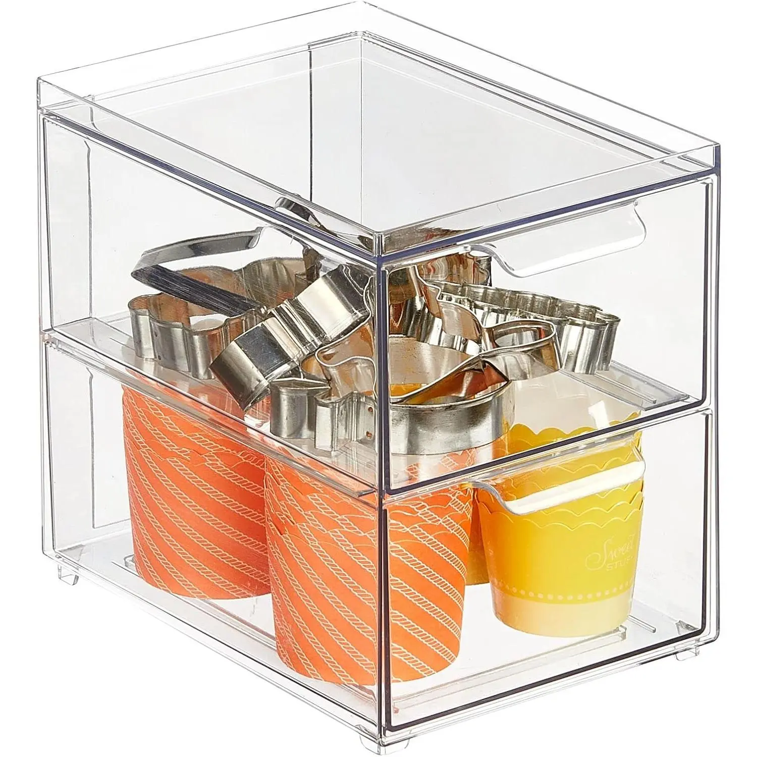 Stackable Storage Containers Box with 2 Pull-Out Drawers - Stacking Plastic Drawer Bins for Kitchen Pantry and Cupboard, Cabinet, Counter,  and Tables - Lumiere Collection - Clear