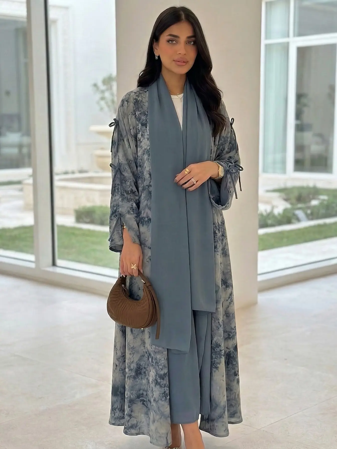 New Muslim Women's Multi-Color Tie-Dye Bow Long Sleeve Open Islamic Abaya, Loose Fit Casual Two-Piece Fashion Muslim Set, Includes Headscarf, All Seasons