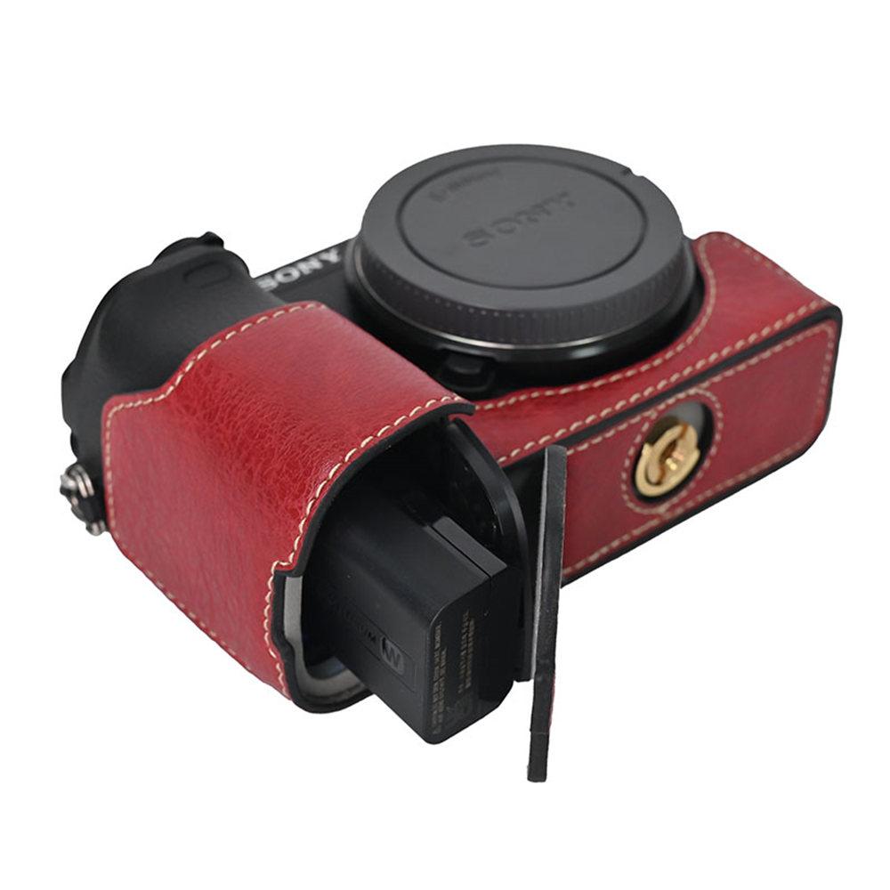 Litchi Pattern PU Leather Camera Half Case for Sony A6300 A6400 A6000 A6100 Bottom Opening Magnetic Cover With Strap