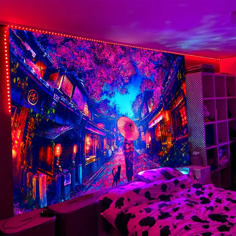 1 Piece Extra Large UV Reactive Glow in the Dark Polyester Anime Girl Cat Tapestry - Custom Print Wall Hanging with Spooky Skeleton Design, Whimsical Home Decor, Wall Decor for Blacklight Party Dorm, Girl Room Accessories