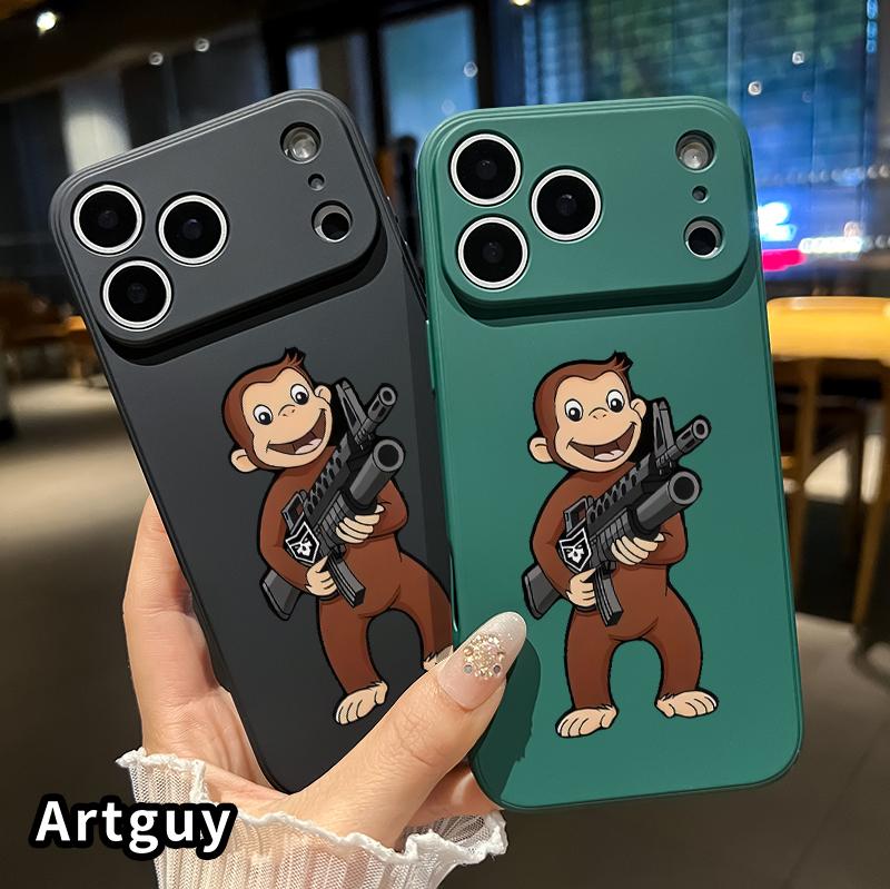 Machine Gun Monkey Pattern Straight Edge Phone Case Soft Case for iPhone 17 16 15 14 Pro Max 13 12 11 Air XR XS Plus Shockproof Drop Protection Rugged Durable Silicone Cover