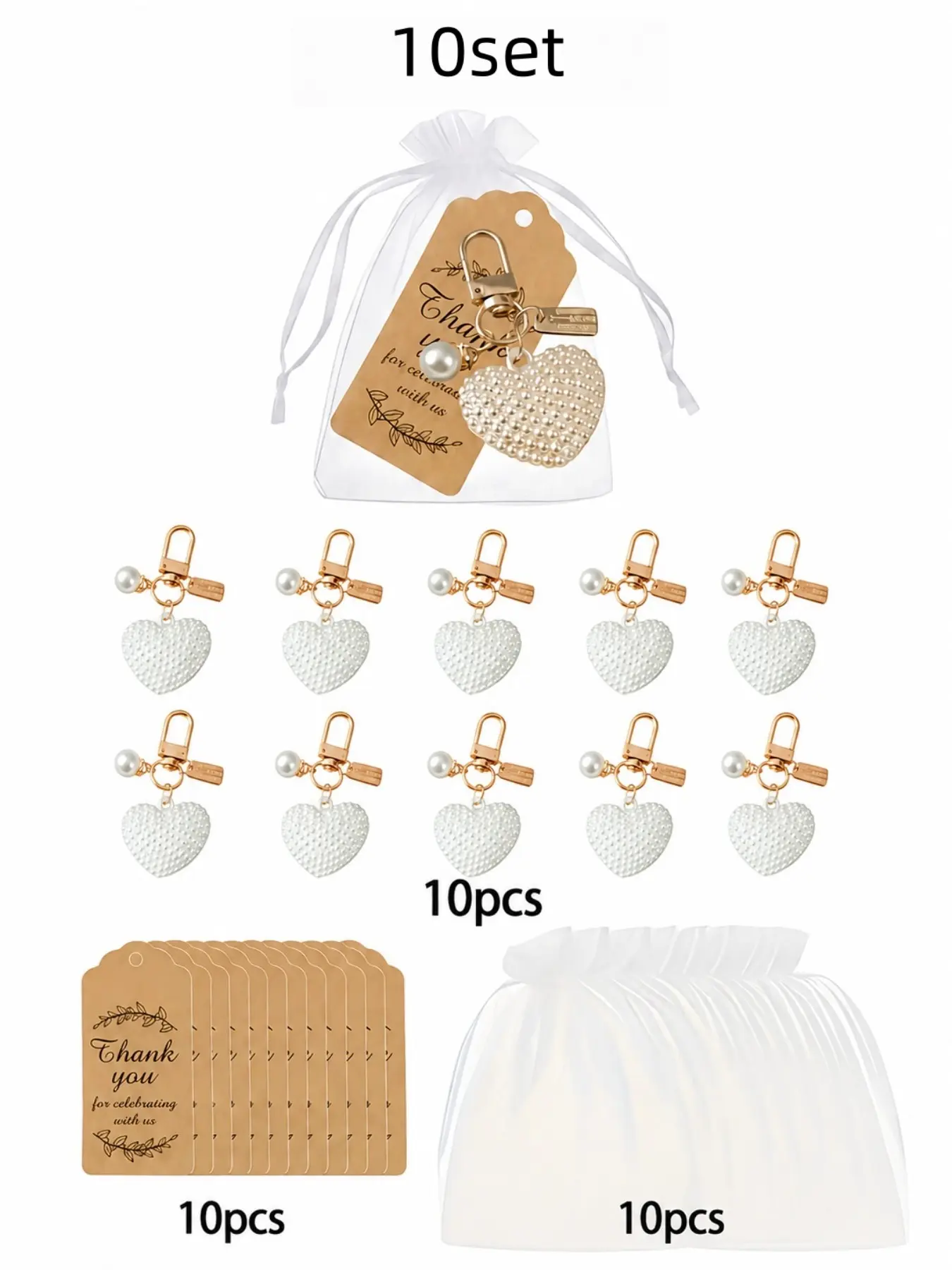 Large Heart Keychain Gift Set, Wedding Party Metal Keyring, Includes 10 Keychains + 10 Cards + 10 Sachets, Perfect for Weddings/birthdays/openings