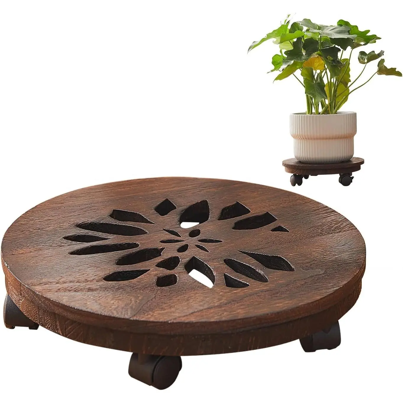 Wood Plant Stand Indoor,Plant Caddy with Lockable Wheels,Pot Stand,Rolling Plant Stand with Casters,Plant Dolly with Wheels,Heavy Duty Plant Base Brown 13"