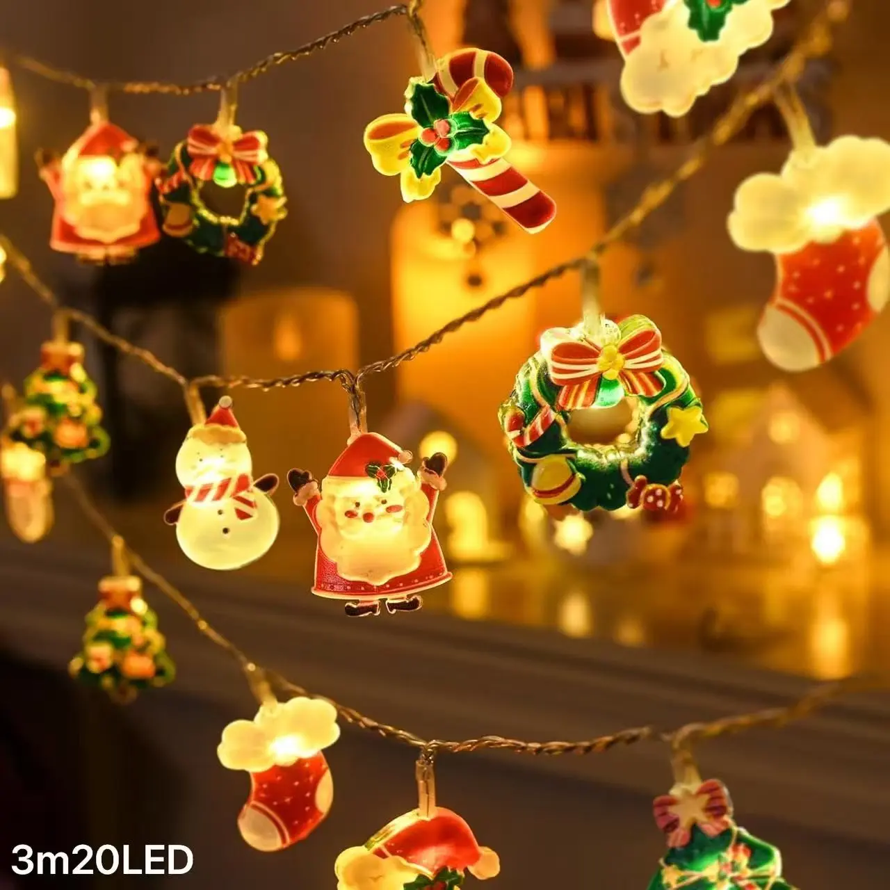 Acrylic Christmas Light String Warm Hanging Decoration, Santa Claus Pre Lit Garland Tree Snowman Candy Cane Sock Indoor Window Lights, Lighted Holiday Displays