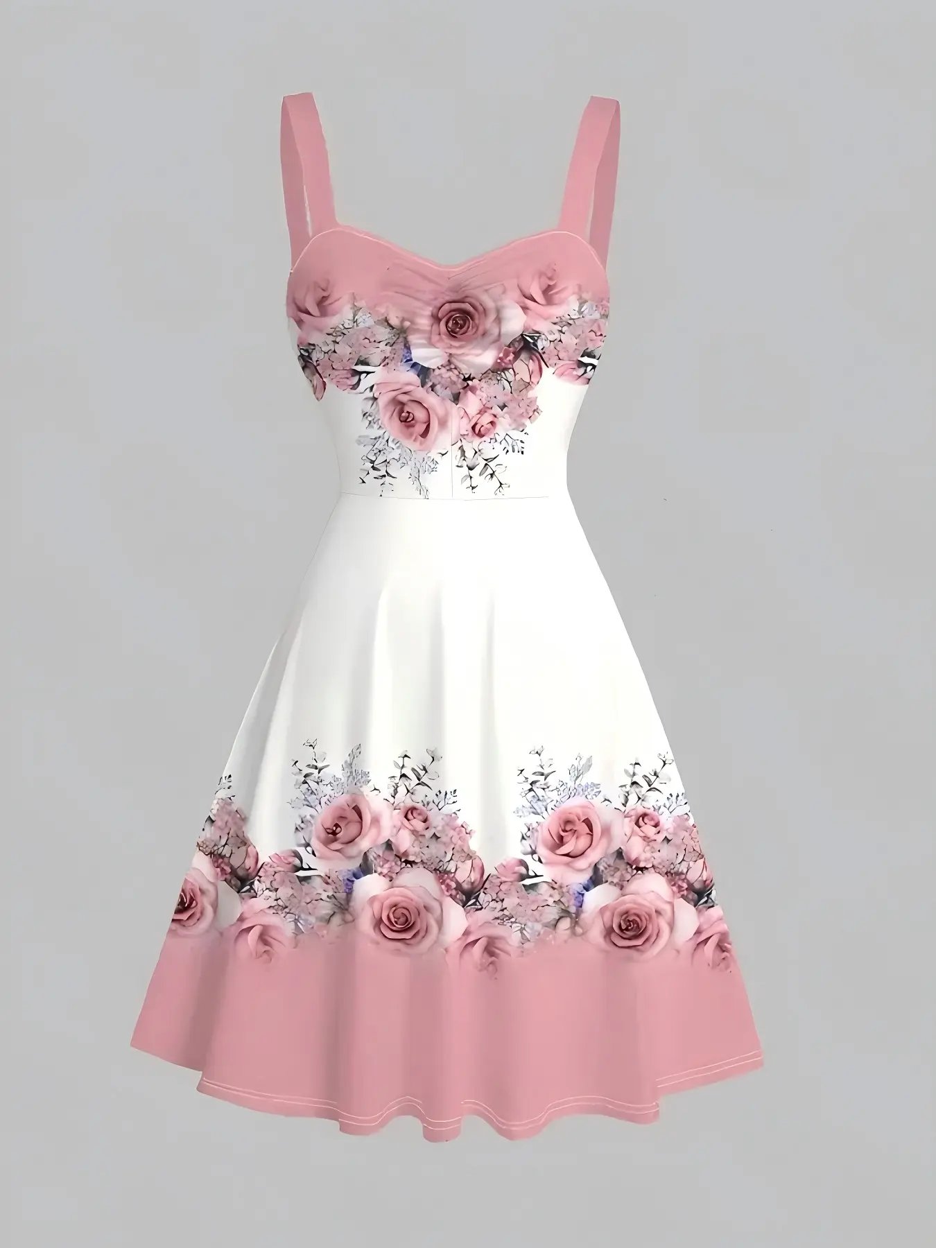 Vacation Dress Sleeveless Color Block Rose Leaf Print Pleated Dress, Stylish Summer, Perfect for Beach & Travel, Elegant Floral Design, Casual Wear, Boho Printed Dress