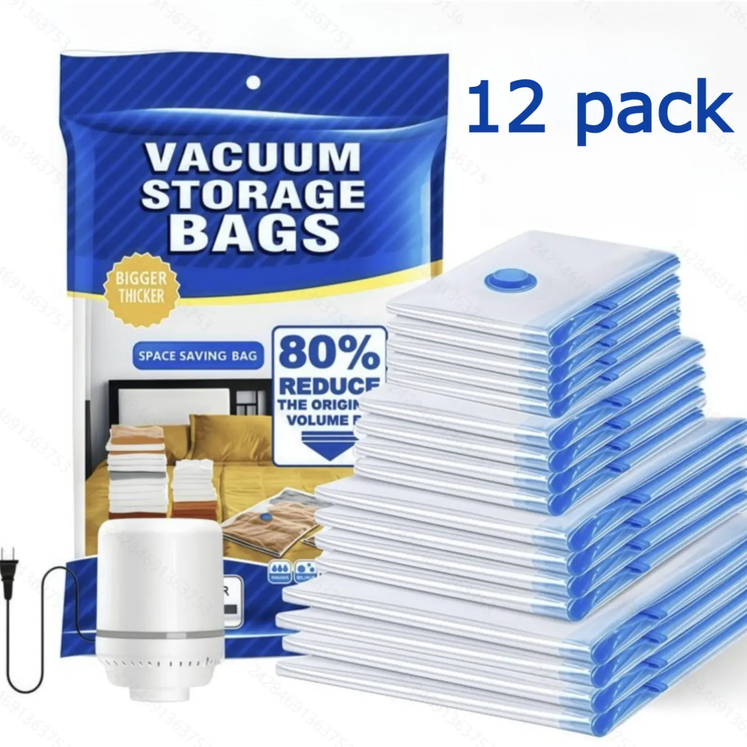 Space-Saving Vacuum Storage System, 12 Pack (11 Compression Bags + 1 Electric Pump) for Bedding, Clothing & More