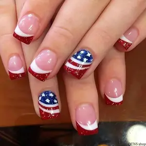 Long Glossy Acrylic Press On Nails Red White Blue Star Heart Patriotic Print Smooth Polished Surface Reusable Flexible Fake Nail Sheets For Fourth Of July Holiday Party At Home Diy Long Lasting Salon Style Manicure Accessory