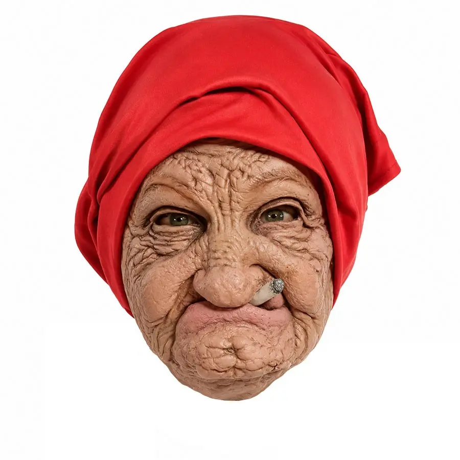 Adult Fun Smoking Grandma Mask, Realistic Horror Old Woman Full Face Latex Mask, Headscarf and Cigarette, Halloween, Prank, Costume Party, Hyper Realistic Mask, Elderly Mask #GLOBAL PICKS