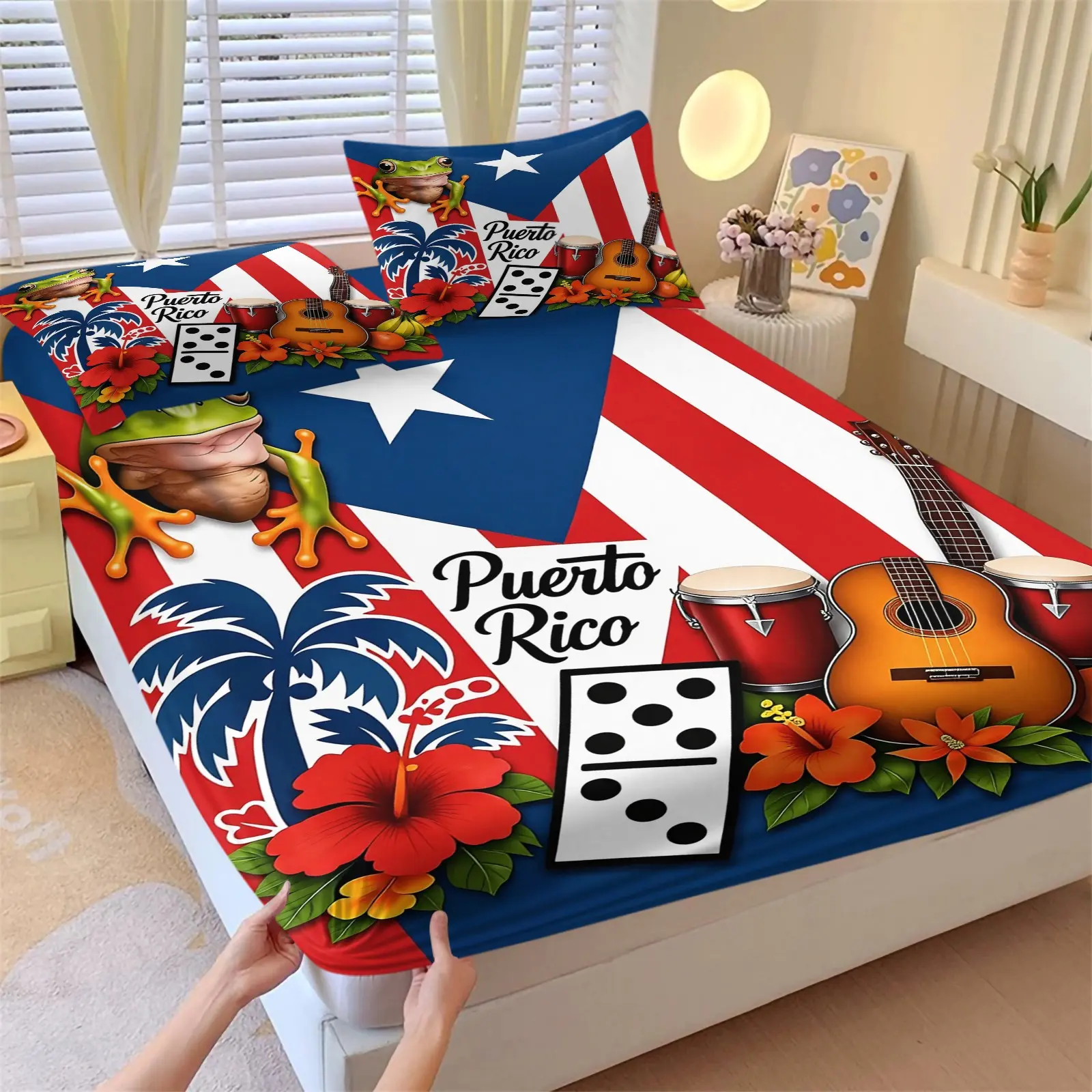 Puerto Rico Palm Hibiscus Tropical Flower Fitted Sheet Set, Floral Sheets, 1 Fitted Sheet + 2 Pillowcases - 3 Piece, Soft Microfiber Deep Pocket Design, Fresh Vacation Island Style Bedroom Decoration, Gift for Puerto Rico Natives & Culture Lovers