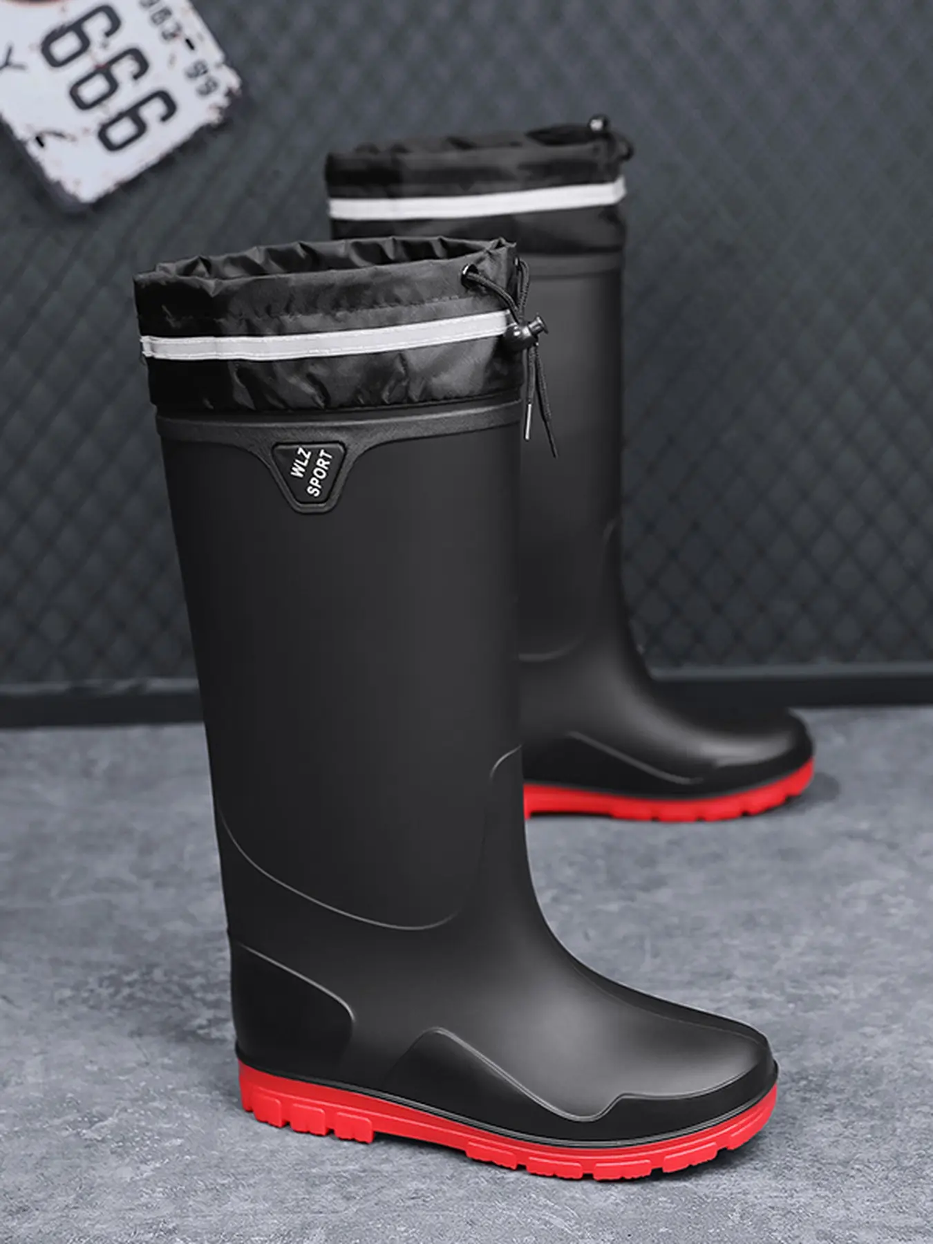 Men's Knee-High Waterproof Rain Boots with Drawstring & Reflective Strip Non-Slip Wear-Resistant Rubber Work Boots for Outdoor Farming Fishing Wading