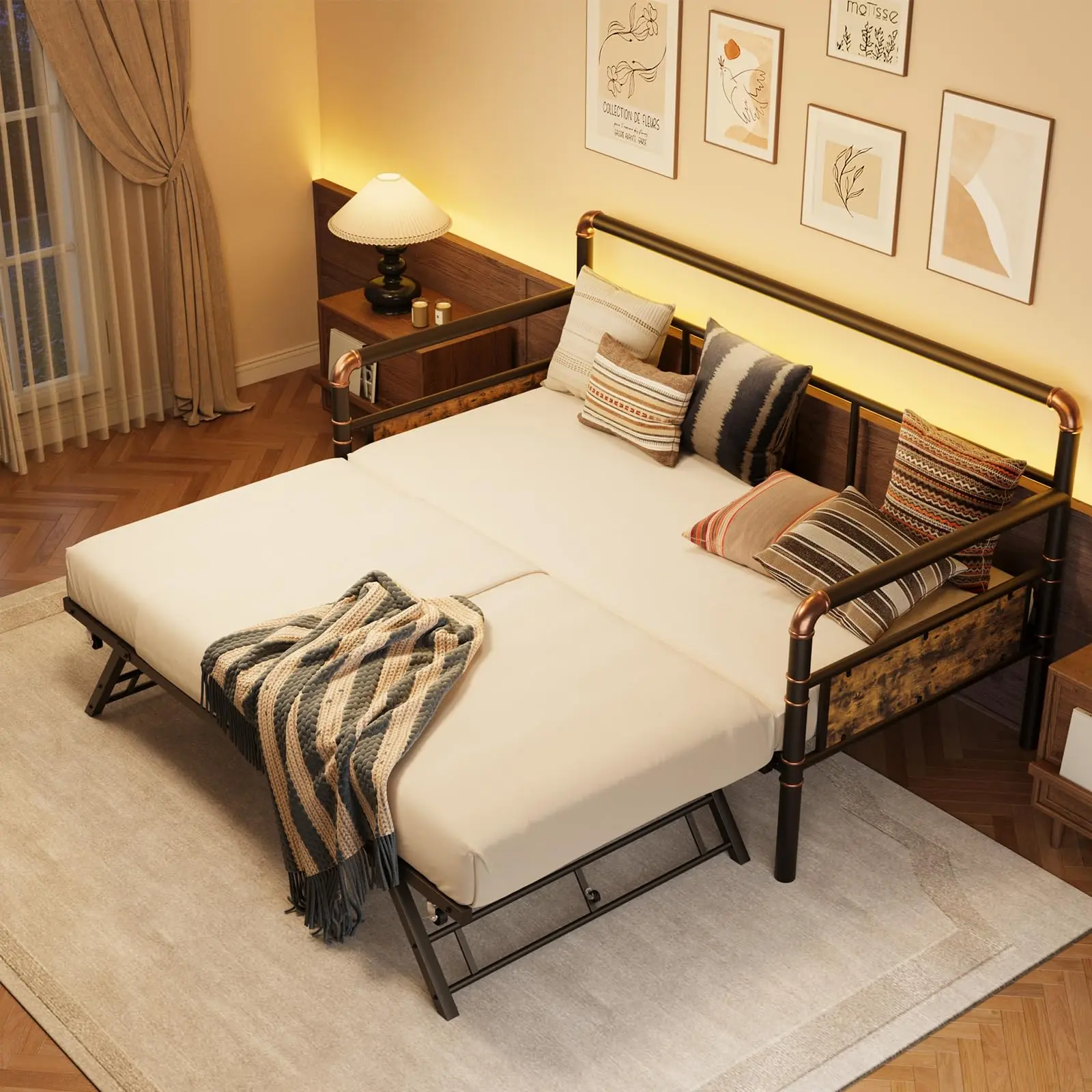 Metal Daybed with Pop Up Trundle – Heavy Duty Full Size Sofa Bed, Classic Headboard, Steel Slat Support, No Box Spring Needed, Brown(Mattress not included)