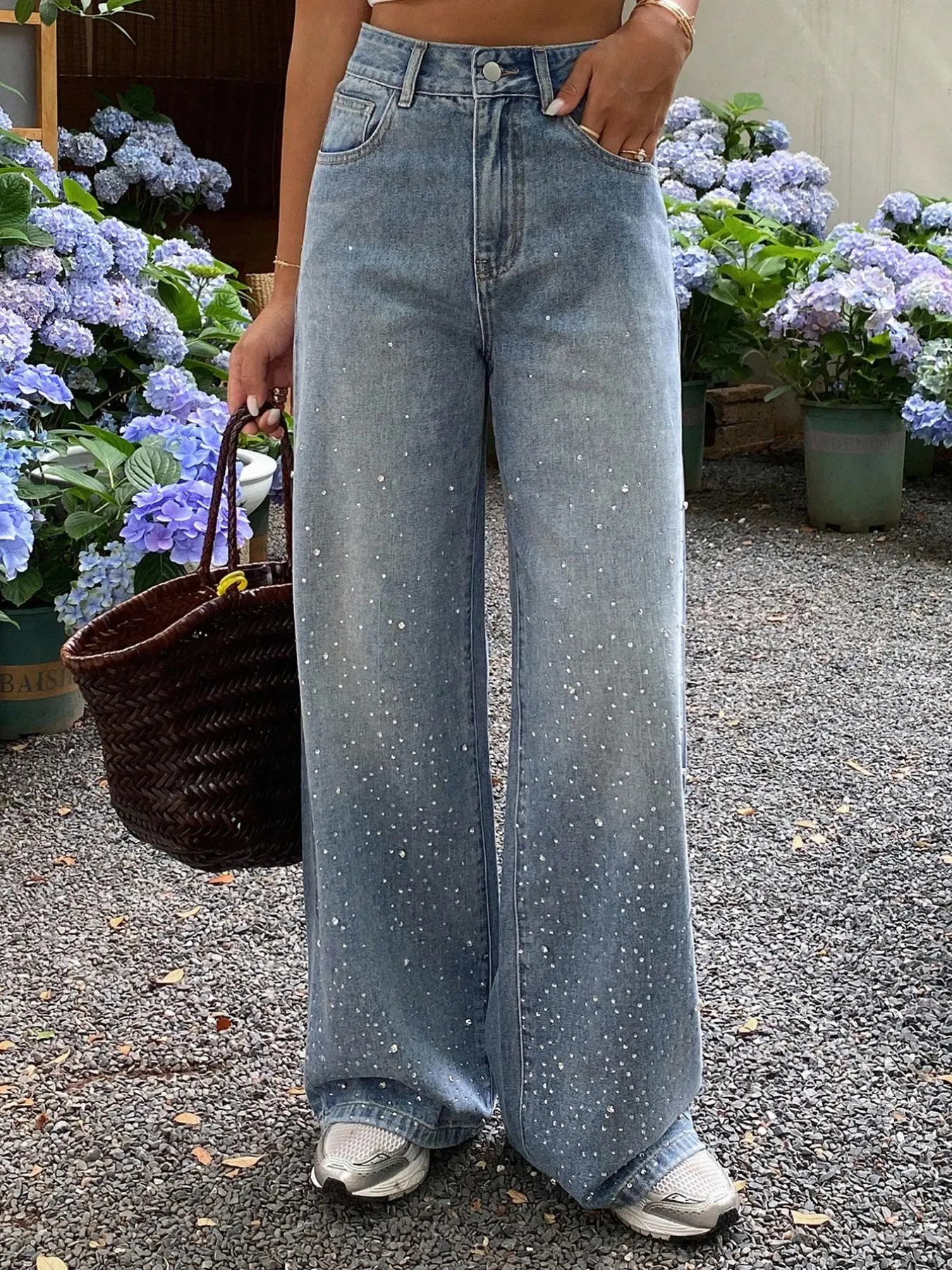 Women's 2026 New Fashion Trendy Denim Jeans, Young Rhinestone Design, Wide Leg Casual Pairing, Elegant Style Long Trousers
