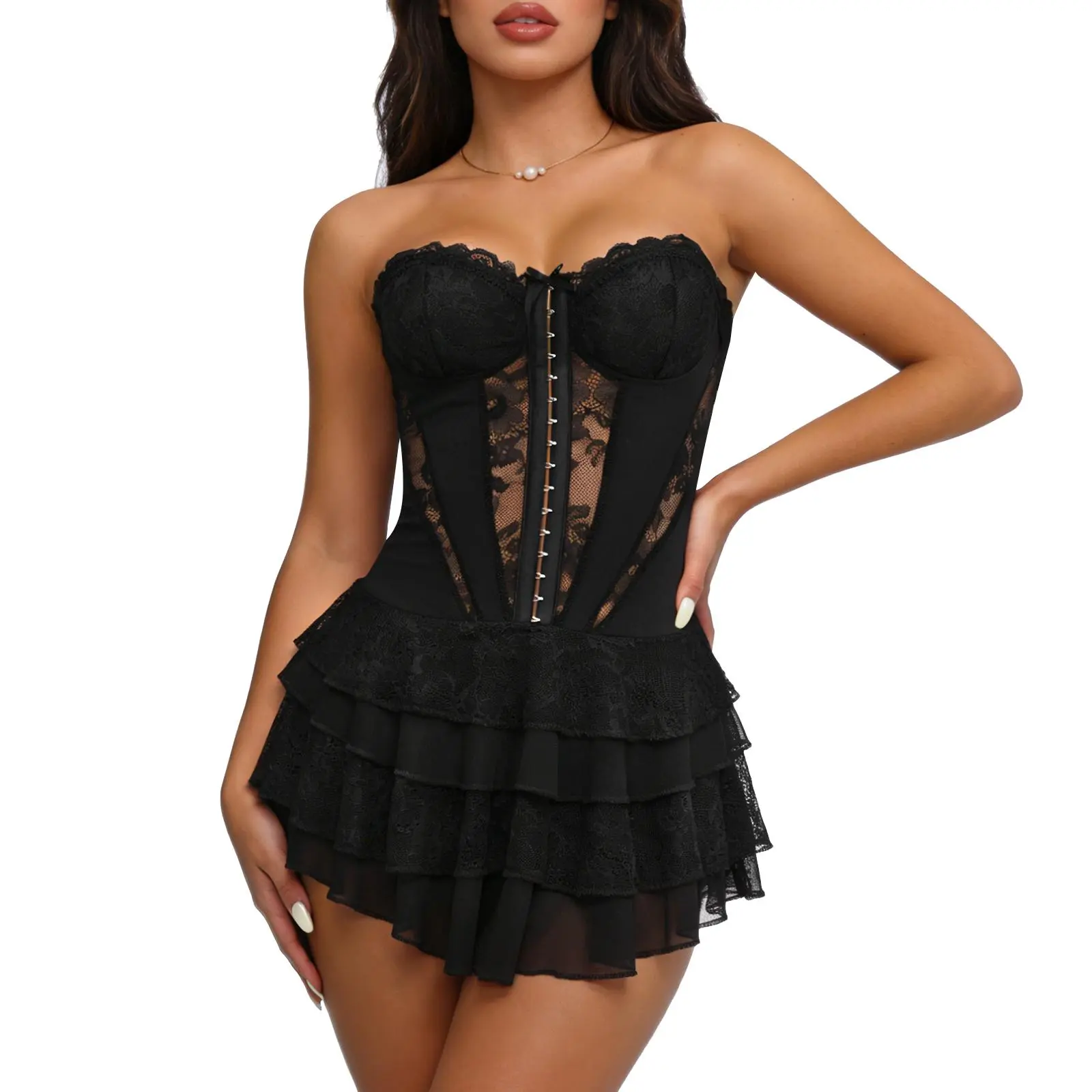 JASGOOD Lace Corset Dress for Women Strapless Tube Top Going Out Mini Dress with Built-in Shorts for Night Out Club Party