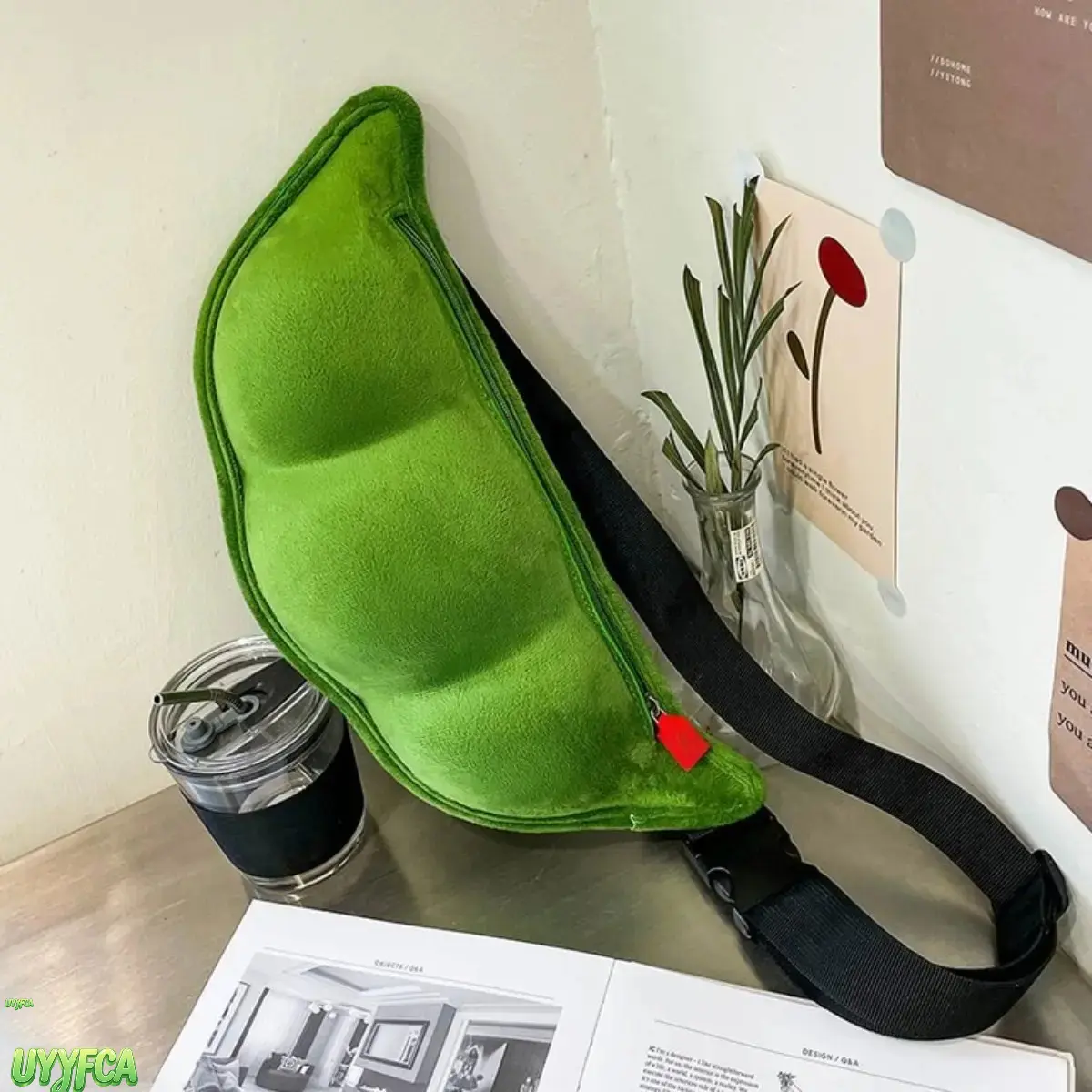 Cute Pea Pod Plush Crossbody Fanny Pack, Soft Fluffy Green Vegetable Shape Sling Bag, Adjustable Quick Release Buckle Strap Large Capacity Casual Shoulder Purse, Kawaii Aesthetic Daily Storage Bag For Teen Girls School Travel Weekend Walk