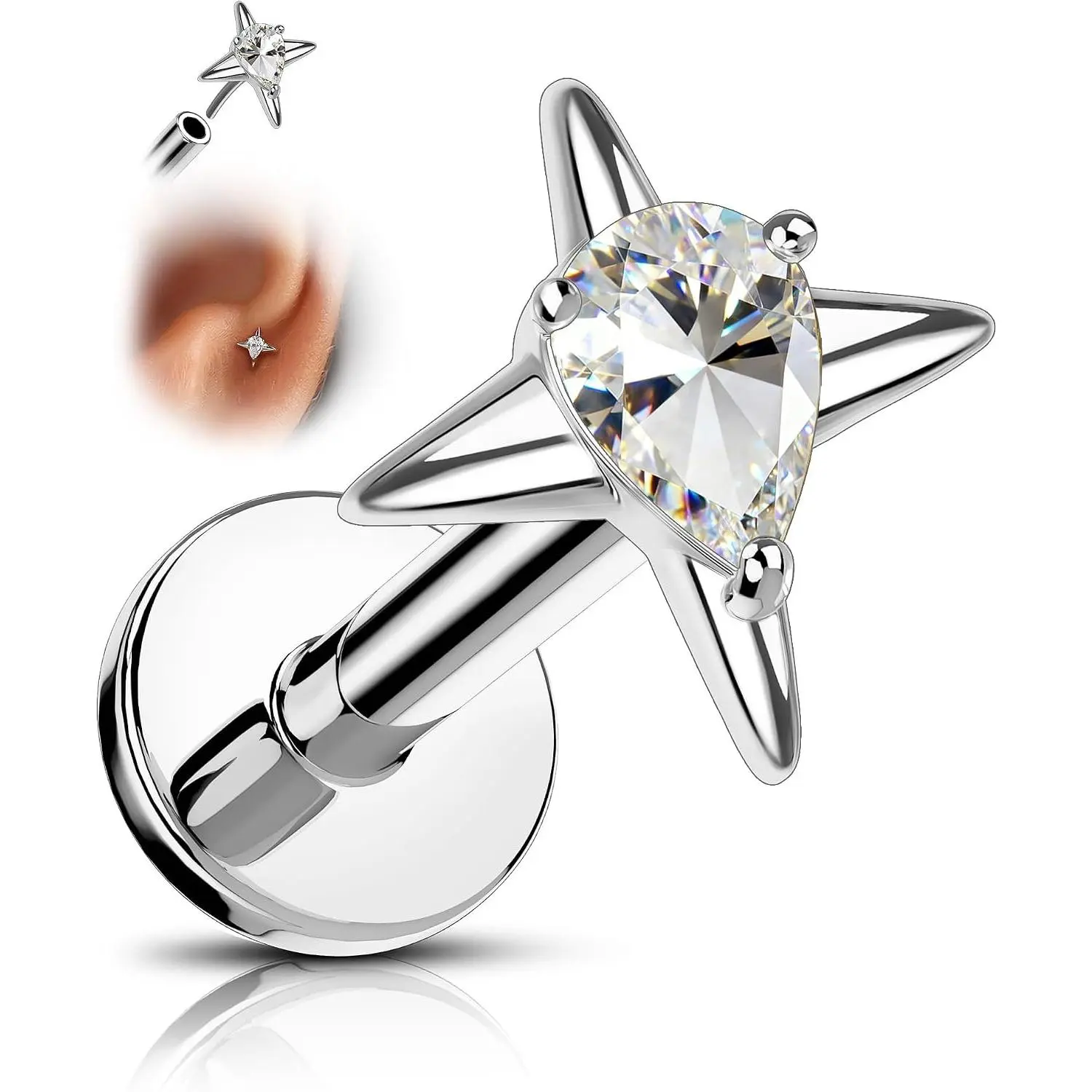 G23 Titanium Threadless Flat  Stud, Pear CZ Starburst Cartilage Earring, 18G  Helix Tragus Flat   for  Ears, 6mm