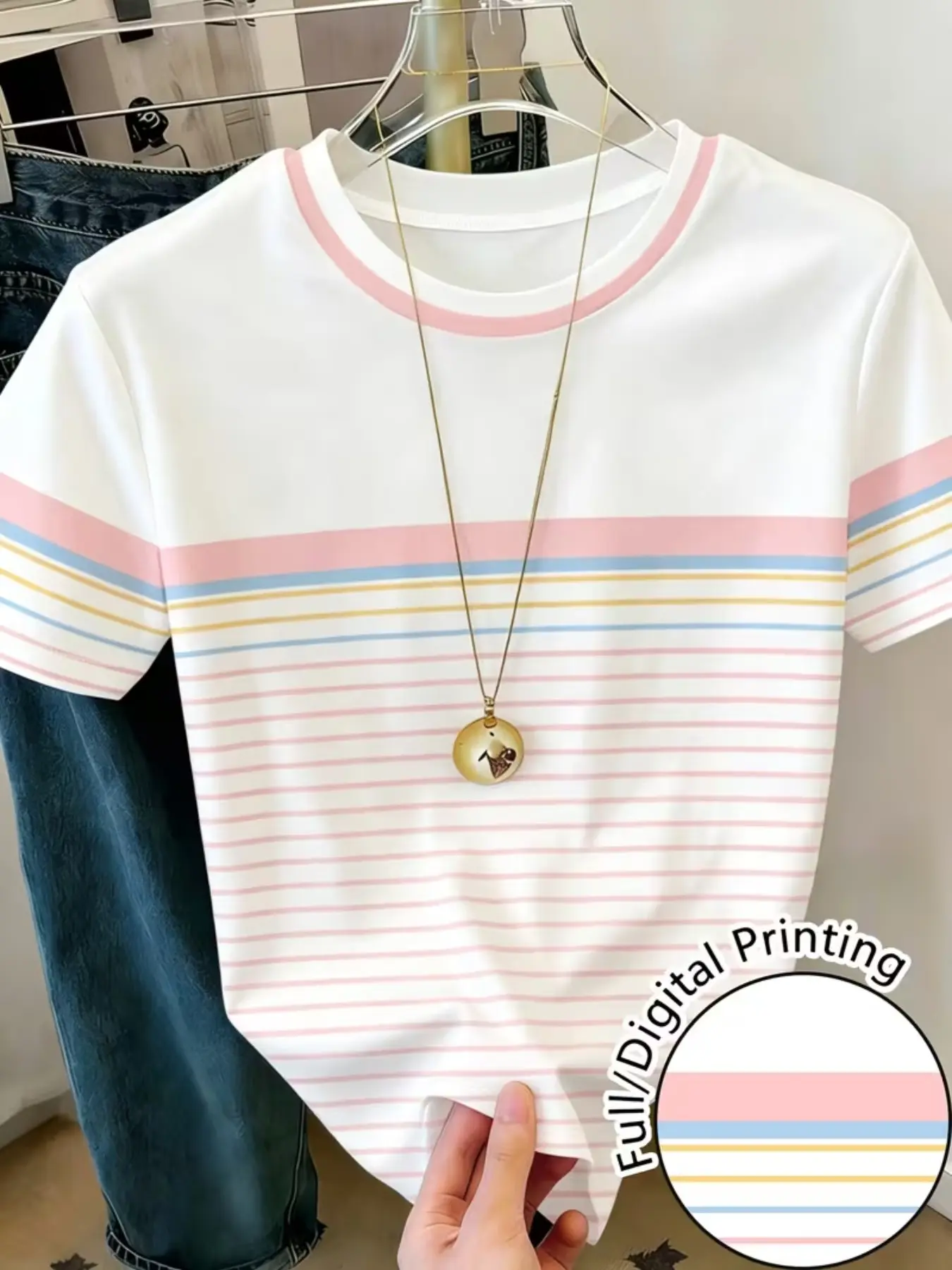 Women's Round Neck Short Sleeve T-Shirt, Light Macaron Multicolor Stripes, Casual Loose-Fitting Top for All Seasons