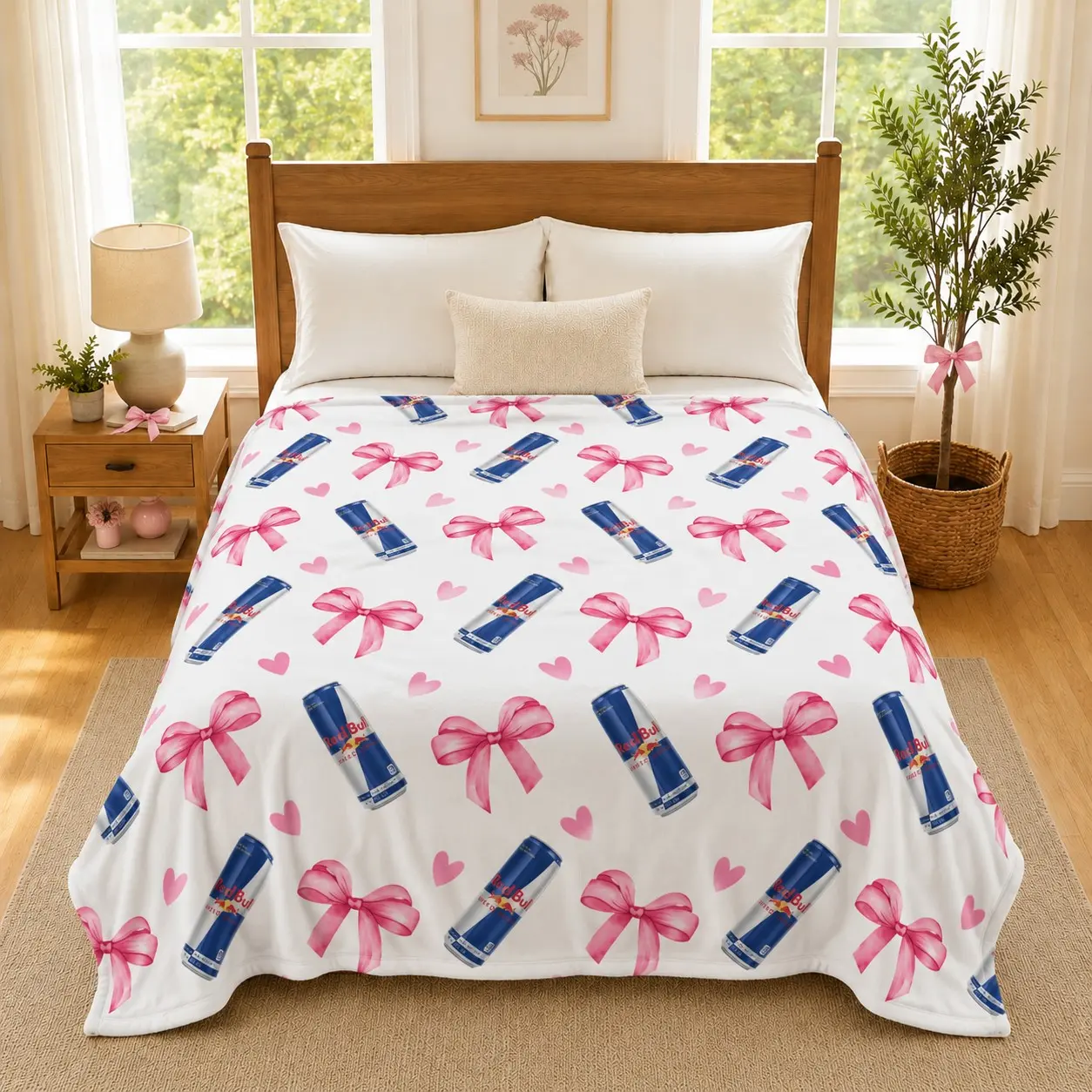 Cute Coquette Red Bull Can Pink Bow & Heart All Over Print Throw Blanket, Soft White Flannel Cover, Girly Aesthetic Dorm Home Decor Blankets, Machine Washable, Trendy Coquette Style Gift