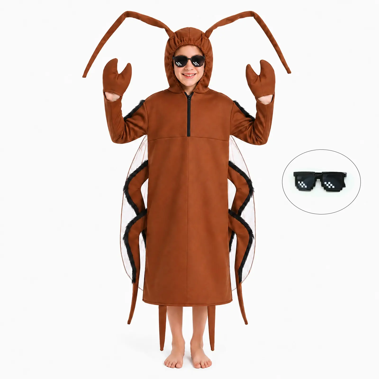 Cockroach Costume with Funny Sunglasses, Hooded Insect Roach Costume Set, Polyester Festive Party for Teens and Adults, Halloween Cosplay Clothes