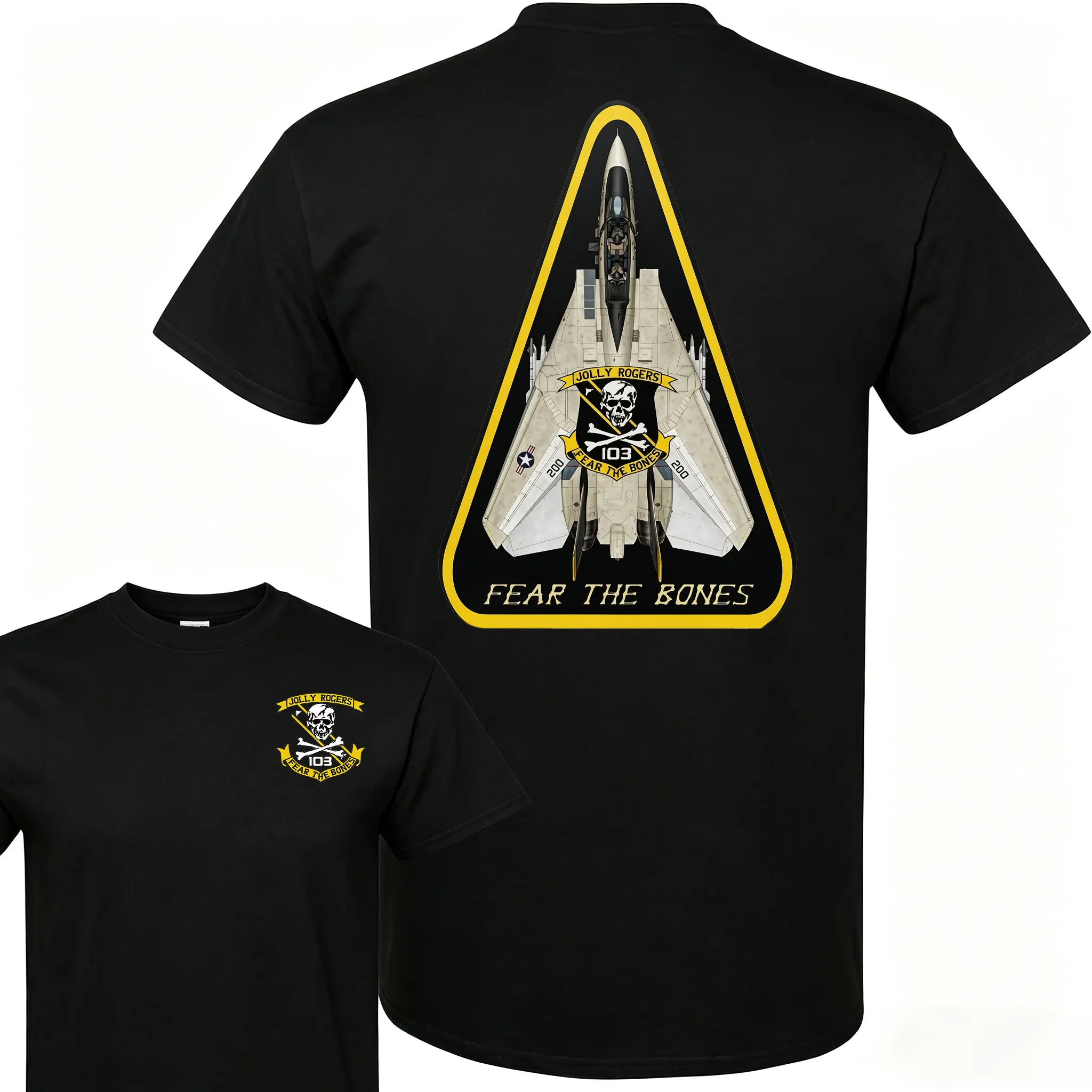 ✈ 🖤 Jolly Rogers VF-103 Graphic Tee for Men, US Navy Strike Fighter Squadron T-Shirt, F-14 Tomcat Aviation Apparel, Fear The Bones Military Veteran Top, Casual Black Short Sleeve Everyday Mens Shirt, Tactical Streetwear