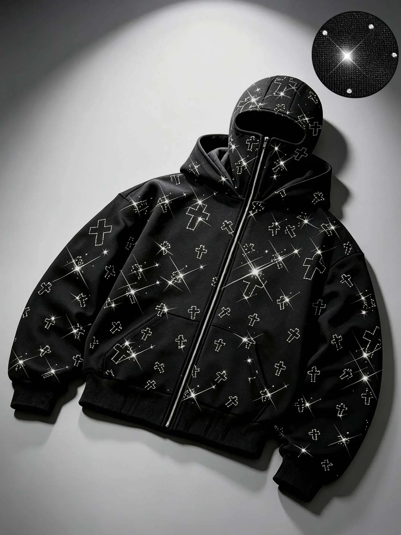 Crystal full diamond cross masked cardigan hooded sweatshirt for men Y2K Gothic style two hood zipper jacket for men Hip-hop street mask hoodie for women black loose jacket fleece warm sparkling rhinestone double layer masked hood sweatshirt street style