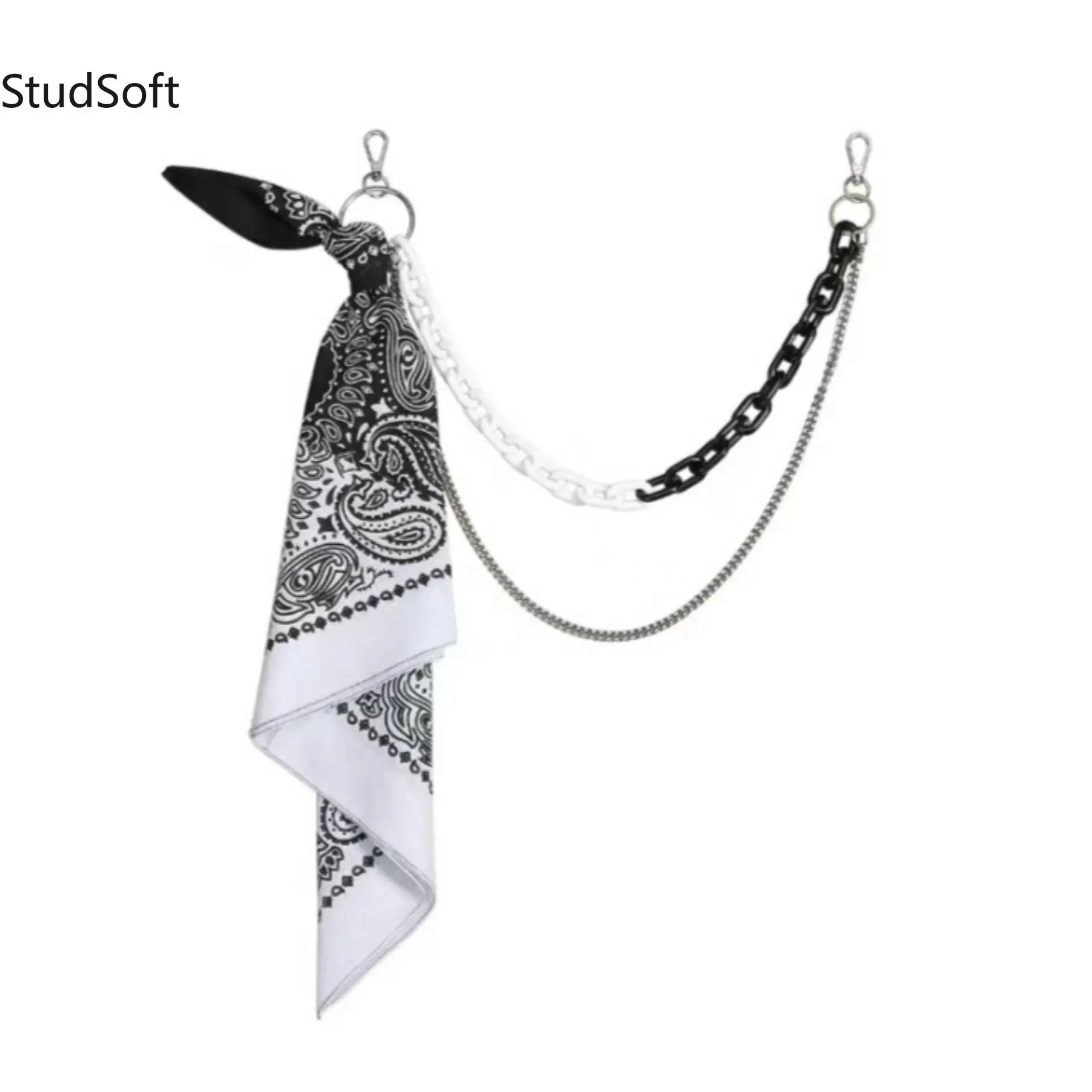 Hip Hop Pants Chain with Paisley Bandana, Double Layer Acrylic Metal Chains, Black and White Contrast Streetwear Wallet Accessory for Jeans