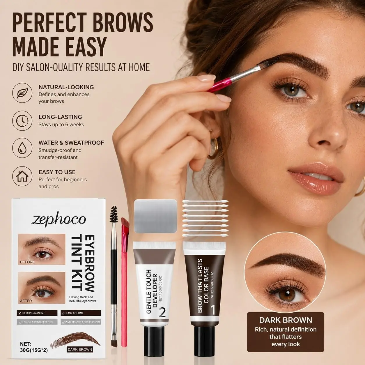 Professional Eyebrow Tint Kit, waterproof eyebrow dye, sweatproof long lasting tinted brow cream, smooth texture to fill brows, create natural daily delicate eyebrow makeup