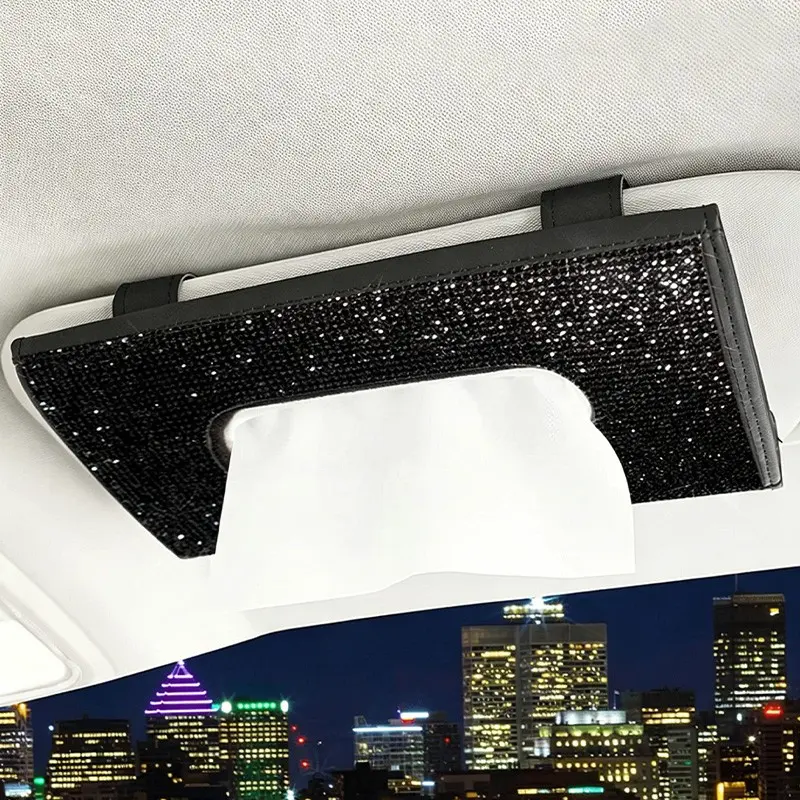 Car Tissue Box, Car Sun Visor Tissue Storage Box, Glitter Artificial Rhinestone Shiny Tissue Bag, Artificial Crystal Car Back Seat Tissue Bag, Tissue Holder for Car, Car Accessories Women, Car Interior Accessories Girls